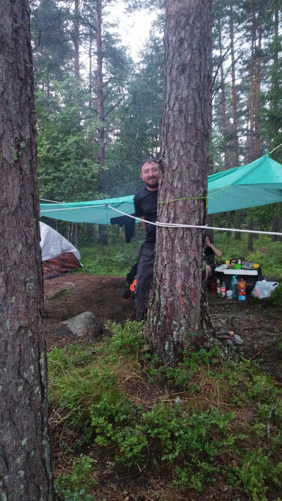 In a forest setting, possibly near Tarasovskoe, Russia, a man with a beard and dark hair peeks out from behind a large tree. He is wearing a dark t-shirt and dark pants. To his left, a green tarp is suspended, providing shelter over what appears to be a campsite. A white tent with red and brown detailing is visible beneath the tarp. In the background, another person is seated at a table laden with various items, including bottles and food containers. The ground is covered with grass, dirt, and fallen leaves.