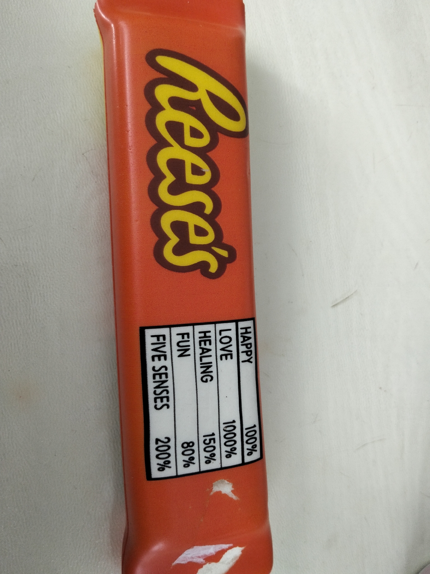 The image shows a close-up of an orange Reese's candy bar wrapper with a black and white label featuring nutritional information. The label lists "HAPPY," "LOVE," "HEALING," and "FUN" with corresponding percentages: "100%," "1000%," "150%," and "80%." Below these are "FIVE SENSES" with "200%." The background is a textured, off-white surface, possibly a table or countertop. The candy bar is positioned vertically, with the text running along its length. The scene is devoid of any indication of its location in Oktyabrsky, Russia, or any people, actions, or interactions.