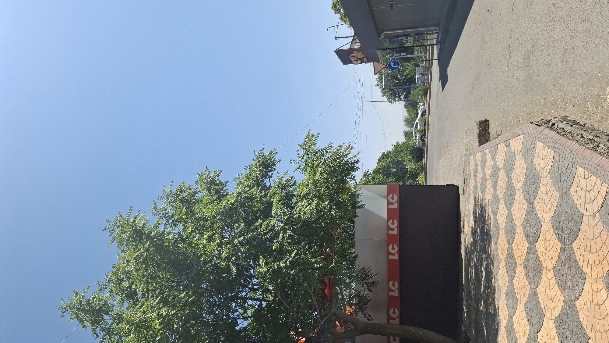 The image captures a sunlit street scene in Shymkent, Kazakhstan, on a clear day. On the left, a large tree with dense green foliage partially obscures a building facade. This building features a dark lower section and a lighter upper section with a repeating red stripe bearing the "LC" logo in white. The foreground is dominated by a patterned sidewalk made of interlocking beige and gray tiles, bordered by a brick curb.
The street itself is paved and slopes slightly. In the mid-ground, a white car is visible driving away from the camera. A traffic sign with a circular blue background and a white arrow indicating a left turn is positioned on the right side of the road. Further down the street, the facade of another building is visible, appearing to be a commercial establishment with reflective windows. Additional trees line the street in the background, and utility poles and wires are present against the bright blue sky. The overall environment suggests a typical urban setting during daylight hours.
