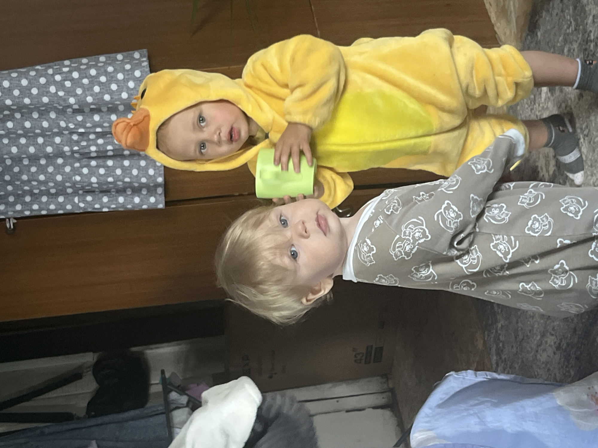 Two young children are standing indoors, possibly in a residential setting in the city of Фоки, Russia. The child on the left, with blonde hair and blue eyes, is wearing a tan pajama suit with a repeating pattern of cartoon bears. The child on the right, also with blonde hair and blue eyes, is dressed in a bright yellow duck costume, complete with a hood featuring a beak and eyes. This child is holding a light green cup. The background shows a wooden door and a wall covered with a grey and white polka-dot fabric. To the left, there is a partial view of clothing hanging and a cardboard box with markings. The flooring appears to be a textured rug or carpet.