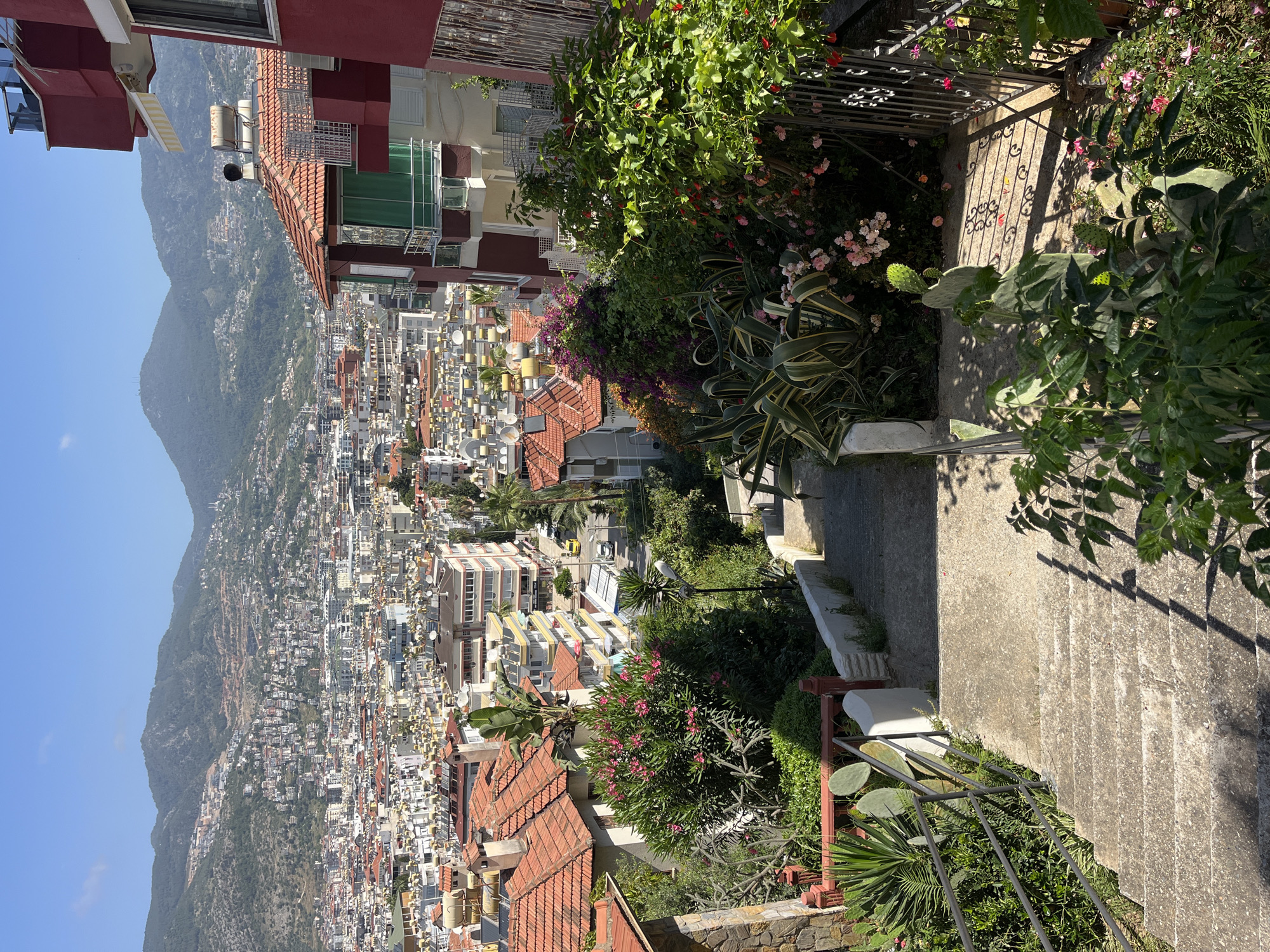 The image captures a downward-facing perspective of the city of Alanya, Turkey, from a higher vantage point. The view is framed by a stone stairway with metal railings leading downwards, flanked by lush vegetation including flowering bushes, cacti, and other greenery. In the distance, a densely populated cityscape with red-tiled roofs and buildings of varying heights spreads out towards a backdrop of mountains under a clear blue sky. The architecture suggests a mix of residential and commercial buildings, with satellite dishes visible on many rooftops. There are no people visible in the immediate foreground or the city below.