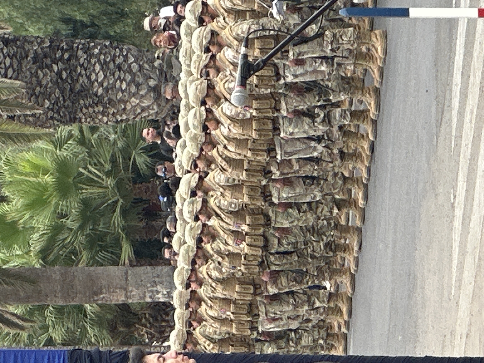 The image shows a military parade in what appears to be Arica, Chile, with uniformed soldiers standing in formation on a paved surface. A microphone and stand are visible near the center of the formation. To the left of the soldiers are palm trees. In the background, behind the soldiers, there are spectators. A blue, white and red post is to the right.