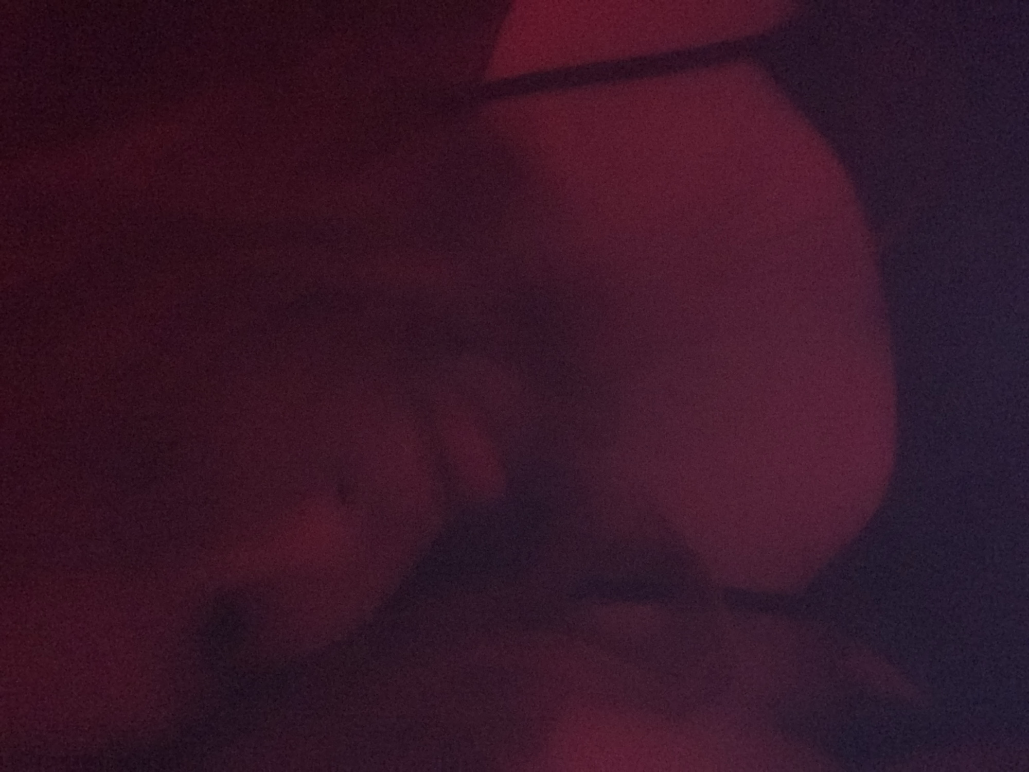 The image is extremely dark, predominantly featuring a deep red and maroon color palette, with areas transitioning to darker, purplish tones. The overall scene is soft and blurry, suggesting very low light conditions, an out-of-focus capture, or motion blur.
The primary subjects appear to be indistinct human body forms. On the left side, faint, rounded shapes are visible, partially obscured by shadows. Towards the center-right, a more clearly defined large, rounded shape with a brighter reddish tone is present. This shape, further emphasized by the provided crop images, is consistent with a human buttock or thigh, indicating the presence of at least one person. Other darker, less defined contours and shadows hint at additional body parts or surrounding objects.
Due to the severe lack of detail, no specific activity or event can be determined. The dim, colored lighting creates a particular ambiance, which could be interpreted as intimate, private, or relaxed. There are no discernible details regarding the time of day, weather, or specific location cues within the image itself. No text is visible.