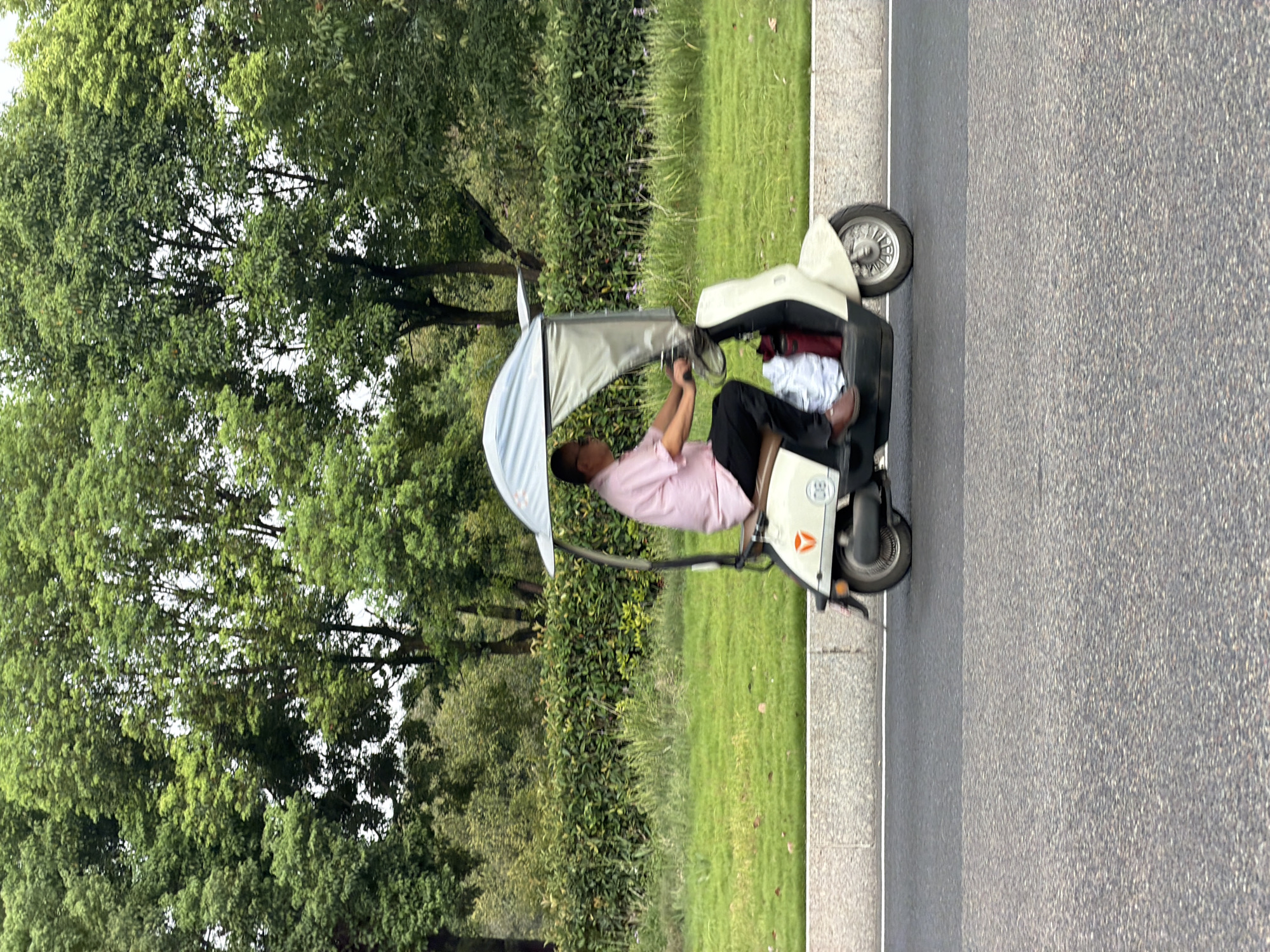 An adult male, wearing a pink collared shirt and dark pants, rides a cream-colored three-wheeled scooter with a canopy. The scooter has a white number "08" on its side. He is holding the handlebars and looking forward. The scooter is positioned on a paved road, with a grassy area and dense green foliage forming the background. The scene appears to be in an outdoor urban or park-like setting, possibly in the city of Jiangjin, China, given the lush greenery and paved road infrastructure.