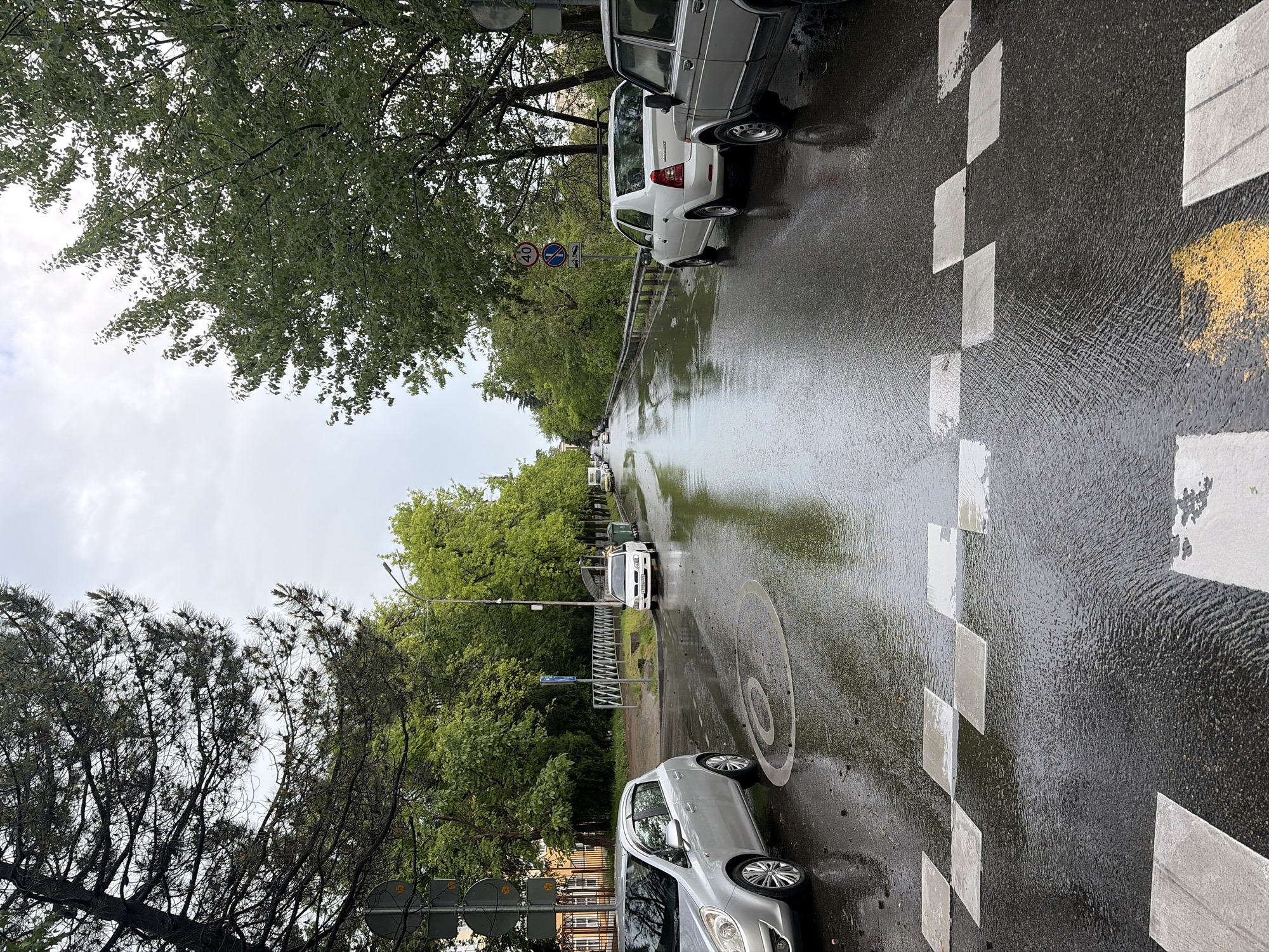 The image shows a wet street scene in Sochi, Russia. The street is lined with trees and parked cars. The sky is overcast. A zebra crossing is visible in the foreground, with white and black squares. A silver car is parked on the side of the road. The road surface is shiny and reflective, indicating recent rainfall. In the distance, more cars are visible on the road. Speed limit signs and other road markings can be observed. A pedestrian bridge spans the road further down the street.