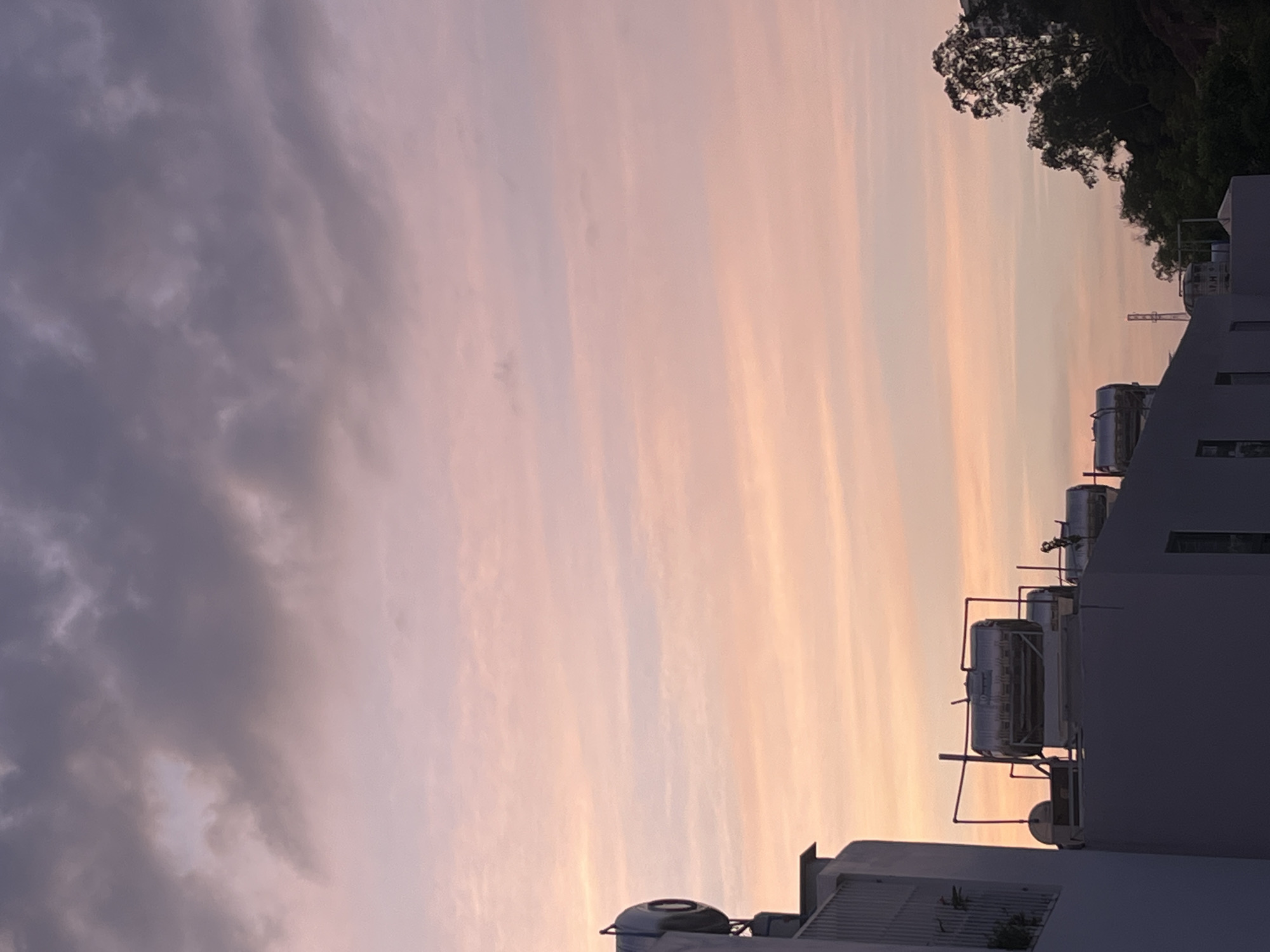 The image captures a dusky sky over Bac Nha Trang Ward, Vietnam, with pink and gray clouds dominating the upper portion of the frame. A multi-story building is visible on the right, with several water tanks affixed to its exterior. A tree line is silhouetted against the sky in the upper right corner.