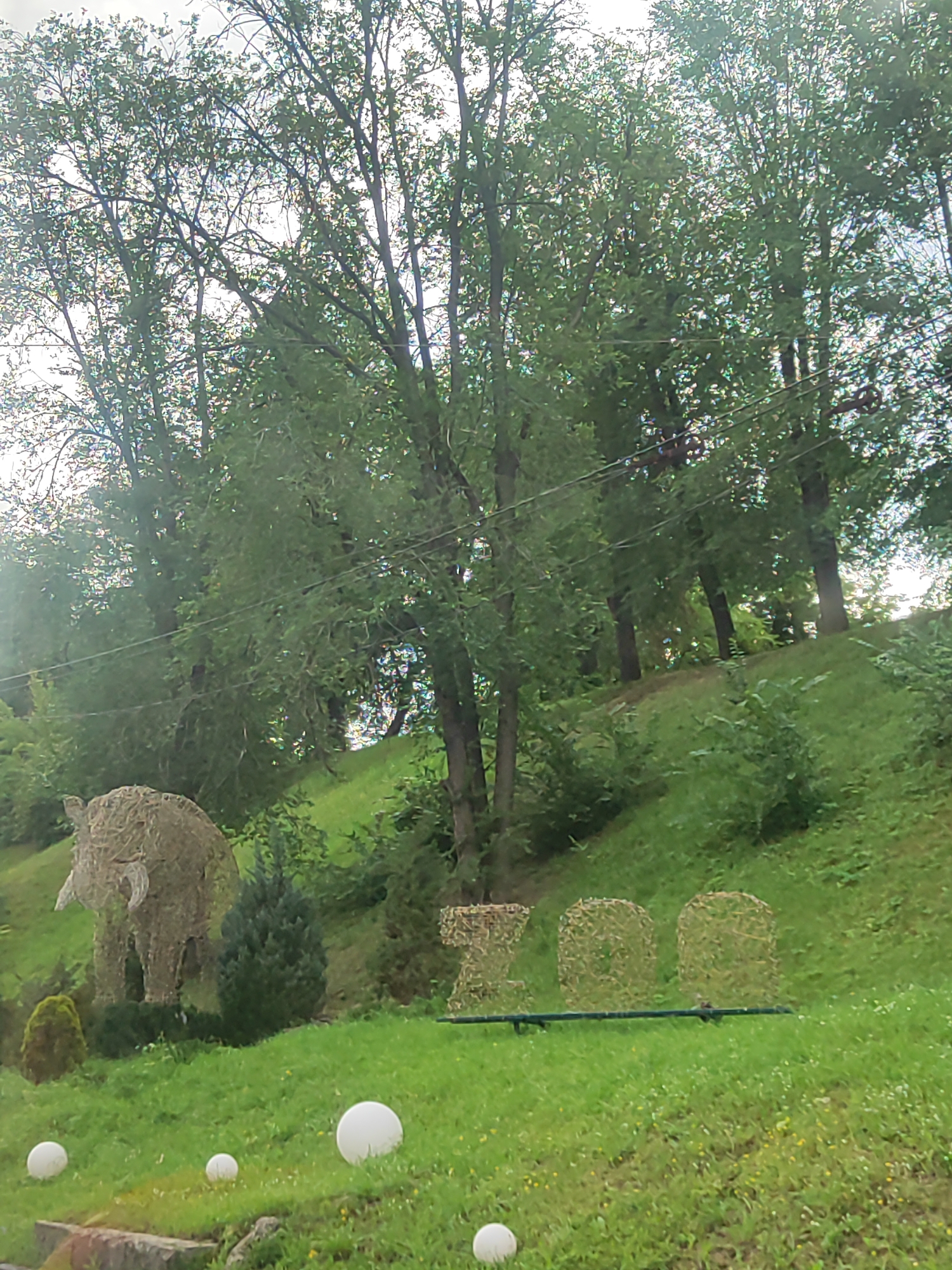 An outdoor shot shows a grassy slope with trees in the background. In the foreground, a topiary elephant and a topiary spelling "ZOO" are visible. There are also several spherical white lights on the grass. The scene appears to be in a park or zoo setting. The location is Unknown, Unknown.