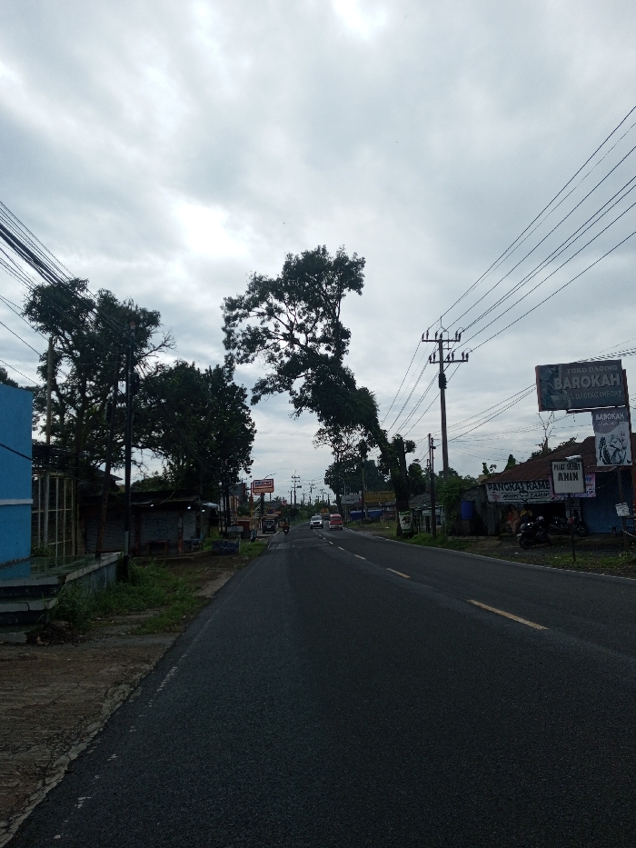 The image depicts a two-lane asphalt road under an overcast sky, observed from a low angle at the edge of the road, facing forward into the distance. The scene is set in Kamji Na-Yekha, Bhutan.
On the left side, a light blue building with a concrete base is partially visible in the foreground, adjacent to a dirt and grassy shoulder. Further down the left, several trees with dense foliage line the road, interspersed with utility poles carrying numerous overhead wires. Additional buildings, including one with a small red and white sign (possibly a retail store logo), are visible along this side.
On the right side of the road, a wide dirt shoulder leads to a series of commercial and residential structures. A prominent tall utility pole with multiple cross arms and electrical wires stands centrally. Near this pole, a large dark billboard sign advertises "BAROKAH" with "TOKO DAGING" above it, suggesting a meat shop. Further along, a building with a blue facade displays signs for "PANGKAS RAME" and "AHIN," indicating a barbershop. Several motorcycles are parked near this building. Additional buildings and dense trees are visible further down the right side.
The road itself is dark asphalt with a broken yellow line visible in the center, indicating two-way traffic. In the middle distance, several vehicles are present on the road, including what appears to be a motorcycle, a red van, and a white car, all traveling away from the viewer. No people are distinctly visible. The overall environment suggests a semi-urban or rural thoroughfare with commercial activity.