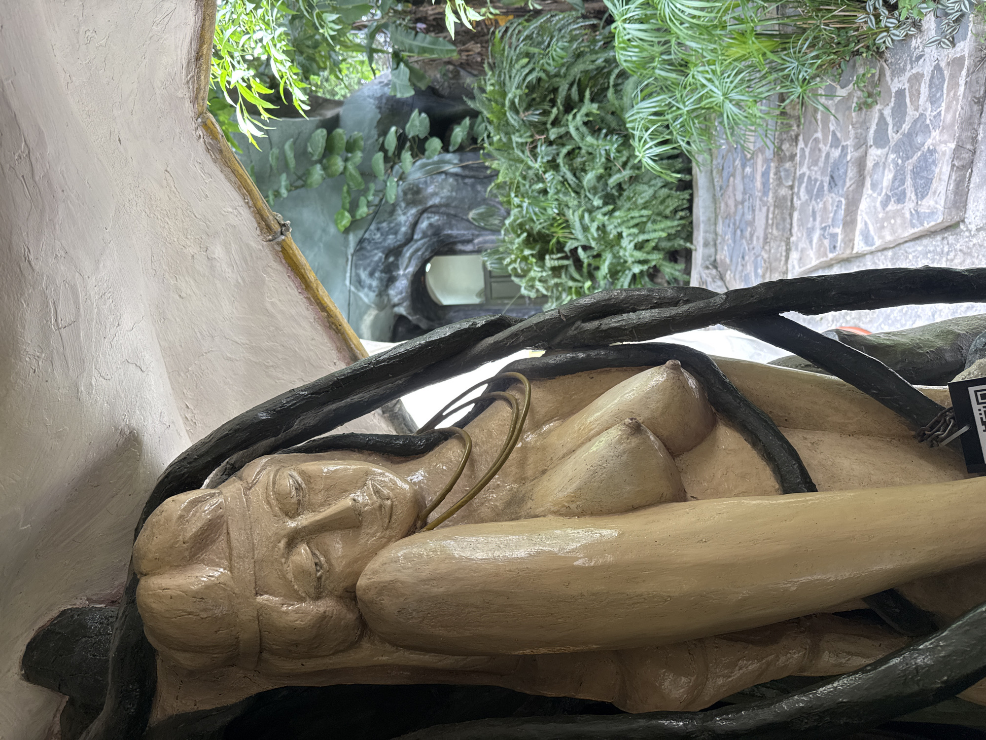 The image displays a unique sculpture of a reclining human figure, positioned within an environment rich in organic forms and lush vegetation. The central subject is a large, light-colored sculpture, appearing to be a nude or semi-nude female figure with discernible breasts, styled with closed eyes, a prominent nose, and full lips, conveying a sense of serene repose. Dark, thick, vine-like or root-like structures are intricately wrapped around parts of the figure. A thin, metallic-looking loop, possibly a piece of adornment, rests on the figure's chest.
The setting features vibrant green foliage, including ferns and various leafy plants, creating an overgrown, naturalistic backdrop. Interspersed among the plants are textured, earth-toned and grey artificial rock formations or structures, some with visible openings that suggest cave-like architectural elements. A wall made of irregular grey and light-colored stone blocks is visible in the upper right.
The scene is static, showcasing the sculpture as a piece of art within its constructed environment. Natural light, indicating daytime, illuminates the area, casting soft shadows. The organic architecture and fantastical aesthetic are suggestive of unique attractions found in Da Lat, Vietnam. A small black and white square with a QR code is visible on the far right, near the sculpture's hip, likely providing visitor information.
