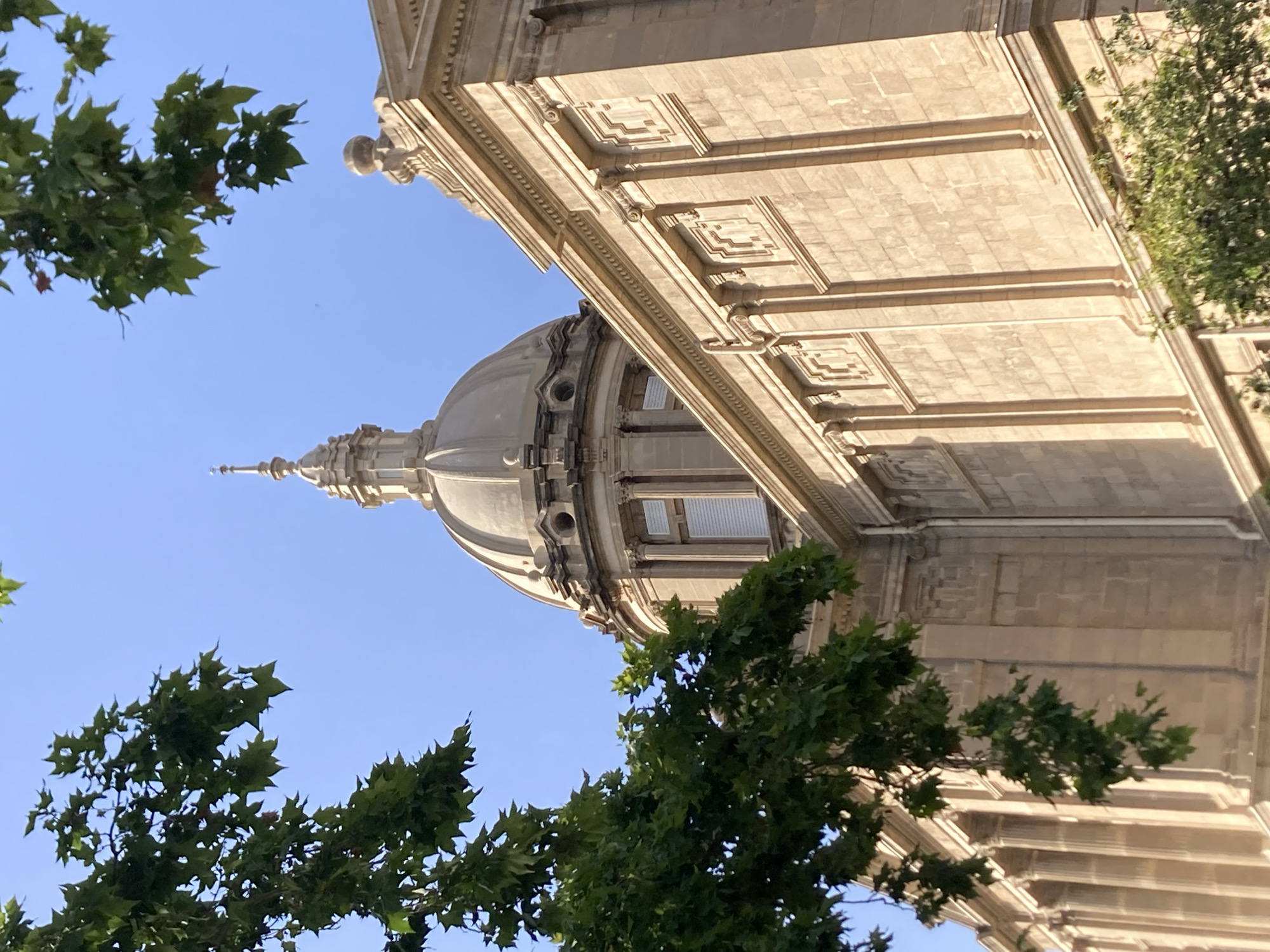 This is a photograph of the Palau Nacional in Barcelona, Spain. The building, a grand neoclassical structure, is illuminated by sunlight, casting warm tones on its stone facade. A prominent dome, topped with a spire, rises from the central part of the building. The facade features classical architectural elements such as columns and intricate carvings. In the foreground, lush green tree branches with leaves partially obscure the view, adding a natural contrast to the man-made architecture. The sky above is a clear, bright blue. The image appears to be taken from a low angle, emphasizing the scale of the building.