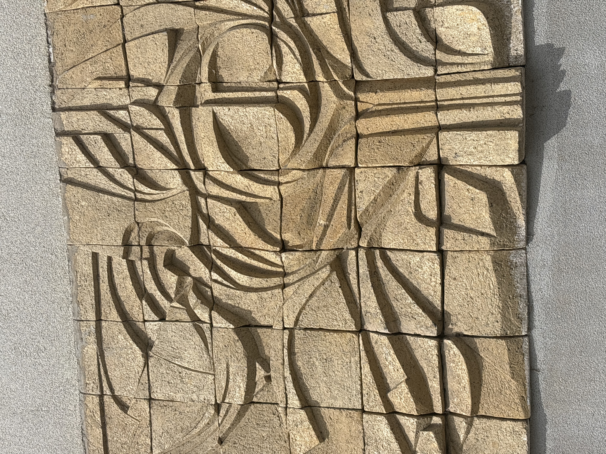 A stone mural adorns a gray concrete wall in Troyan, Bulgaria. The mural, composed of individual stone blocks, displays an abstract floral pattern, sculpted into the surface of the blocks. The design features curved lines and geometric shapes, highlighted by shadows from sunlight. The mural is positioned on the exterior of a building with a rough textured surface.