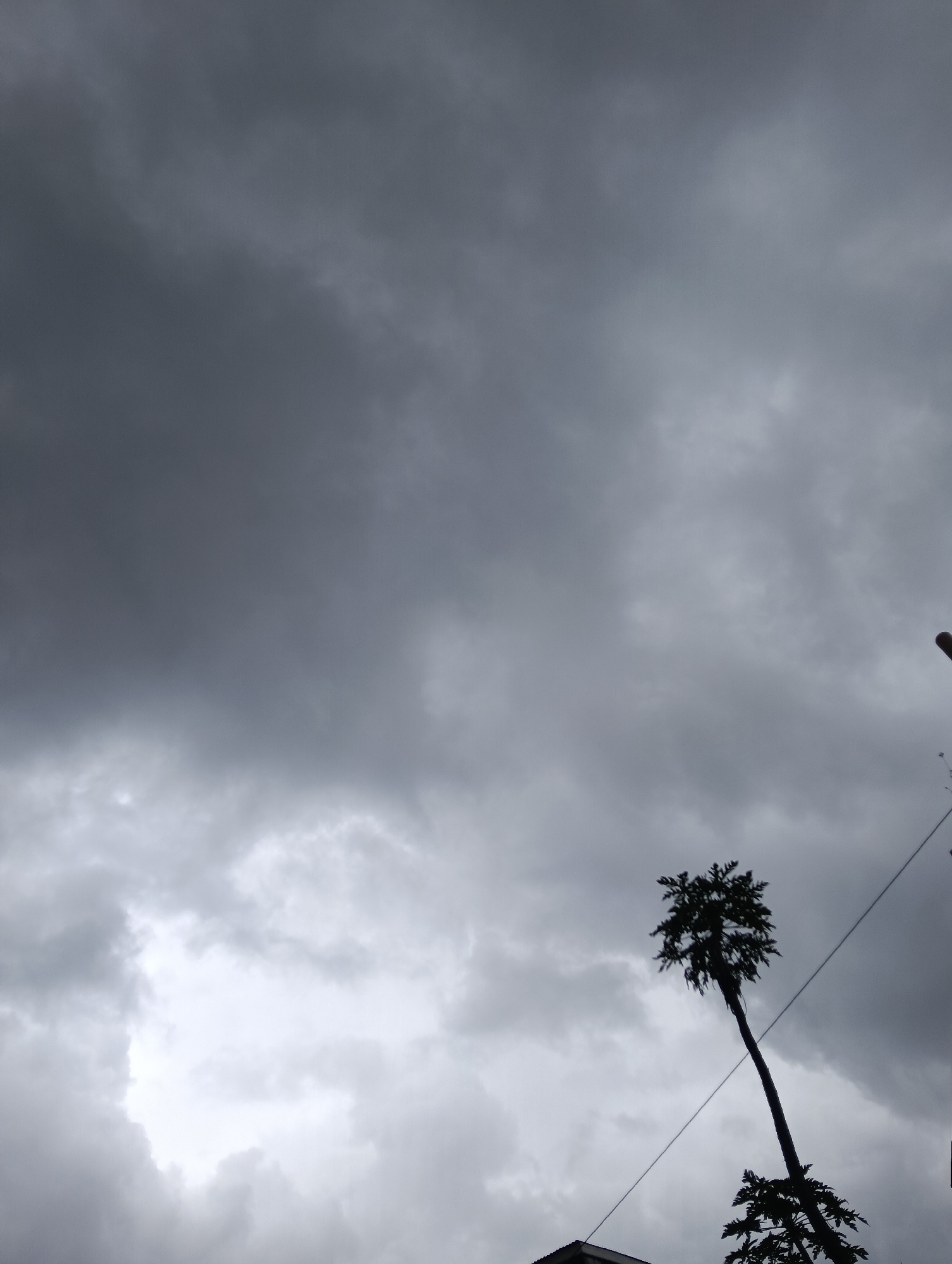 The image shows a cloudy sky in what appears to be Nairobi, Kenya. In the lower part of the frame, the silhouettes of trees are visible. An electrical wire stretches across the scene. The sky is filled with dark, grey clouds.