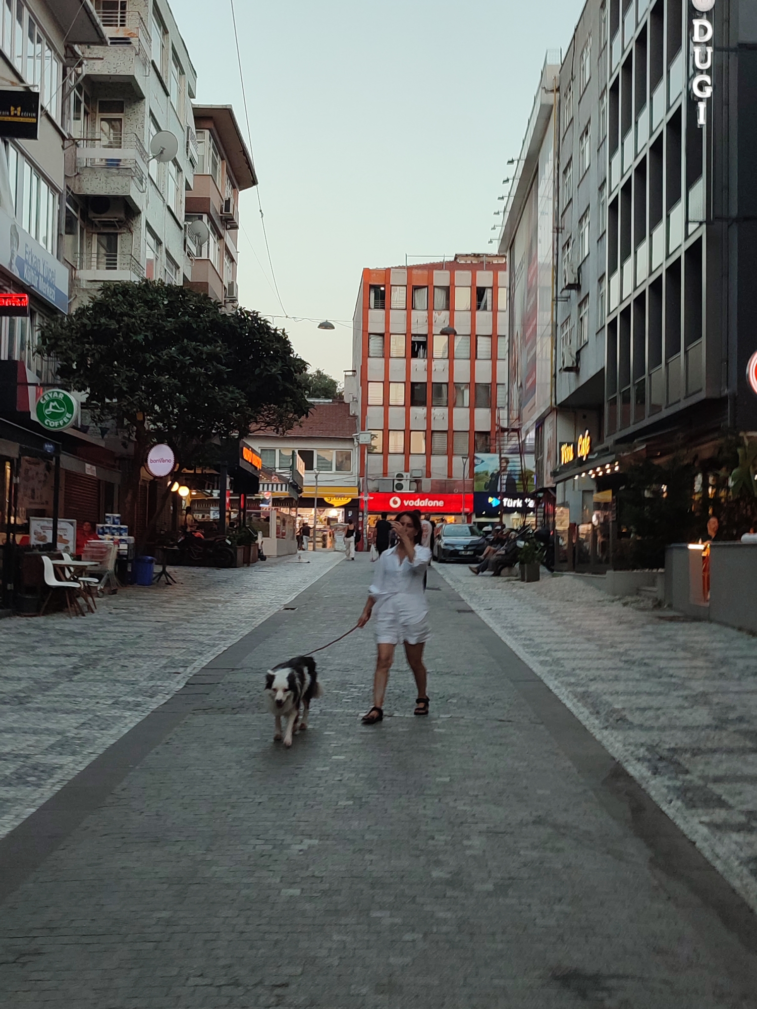 The image depicts a street scene in Kadıköy, Turkey, characterized by a pedestrian walkway lined with buildings. In the foreground, a woman in a white outfit is walking a black and white dog on a leash. The dog is a medium-sized breed with a predominantly white face and a black body. The woman is holding a dark-colored leash attached to the dog's collar. The walkway is paved with interlocking stones, and there are patterned paving stones on the sides.
The buildings on either side of the street vary in architectural style and height. On the left, a light-colored building with multiple balconies and windows is visible. Further down the street, on the same side, a tree with dense foliage stands beside shops with signs, including "Ceyar Coffee" and "bonVeno."
On the right side of the street, a modern building with a dark facade and a grid-like pattern of windows dominates the view. Above this building, illuminated white lettering spells out "DUGİ". Adjacent to this, another building with an orange facade and numerous windows is partially visible. Several people are seen in the background, some seated at outdoor cafes, and others walking. A red "vodafone" sign is prominent on one of the buildings on the left side. The sky above is a light, clear blue, suggesting it is either early morning or late afternoon. The overall impression is of a bustling urban environment with a mix of commercial and residential structures.