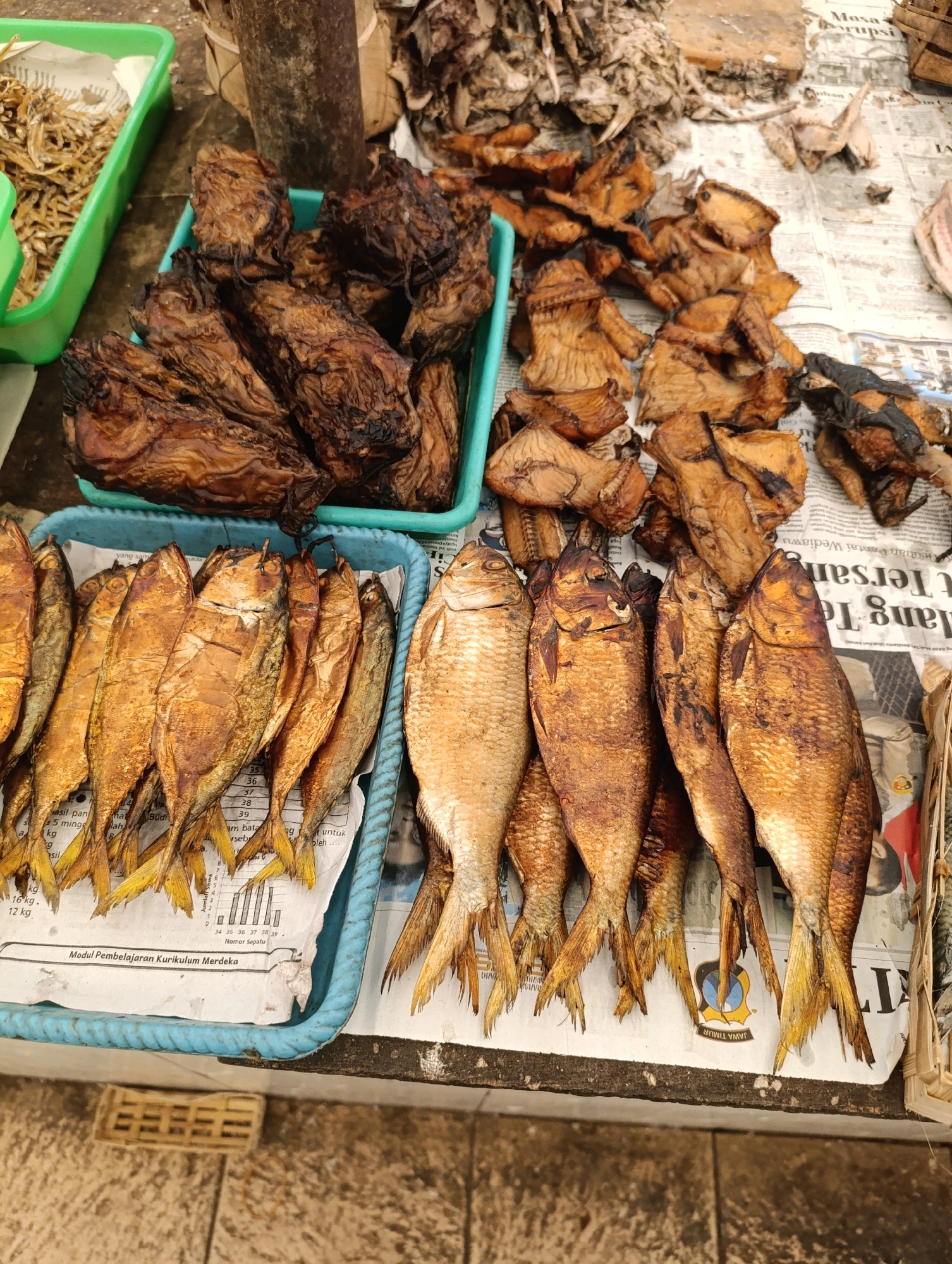 A close-up, overhead shot shows a market stall in Glagah Sari, Indonesia, filled with various types of dried and smoked fish. In the top left corner, a green plastic container holds a pile of small, dried anchovies. To the right of this, a teal plastic tray is filled with larger, dark brown dried fish that appear to be whole and possibly smoked. Further to the right, a scattered arrangement of lighter brown, dried fish pieces lies on a newspaper. The bottom half of the image features two teal plastic trays, both holding rows of whole, golden-brown dried fish. The fish in the foreground tray are laid out side-by-side, with their tails facing towards the viewer. The tray to the right contains a few larger, similarly prepared fish. The fish are displayed on newspapers, with some headlines and graphics visible. The ground beneath the stall is a textured, light-colored surface, possibly concrete or stone. The overall scene suggests a food market setting where dried and smoked fish are being sold.