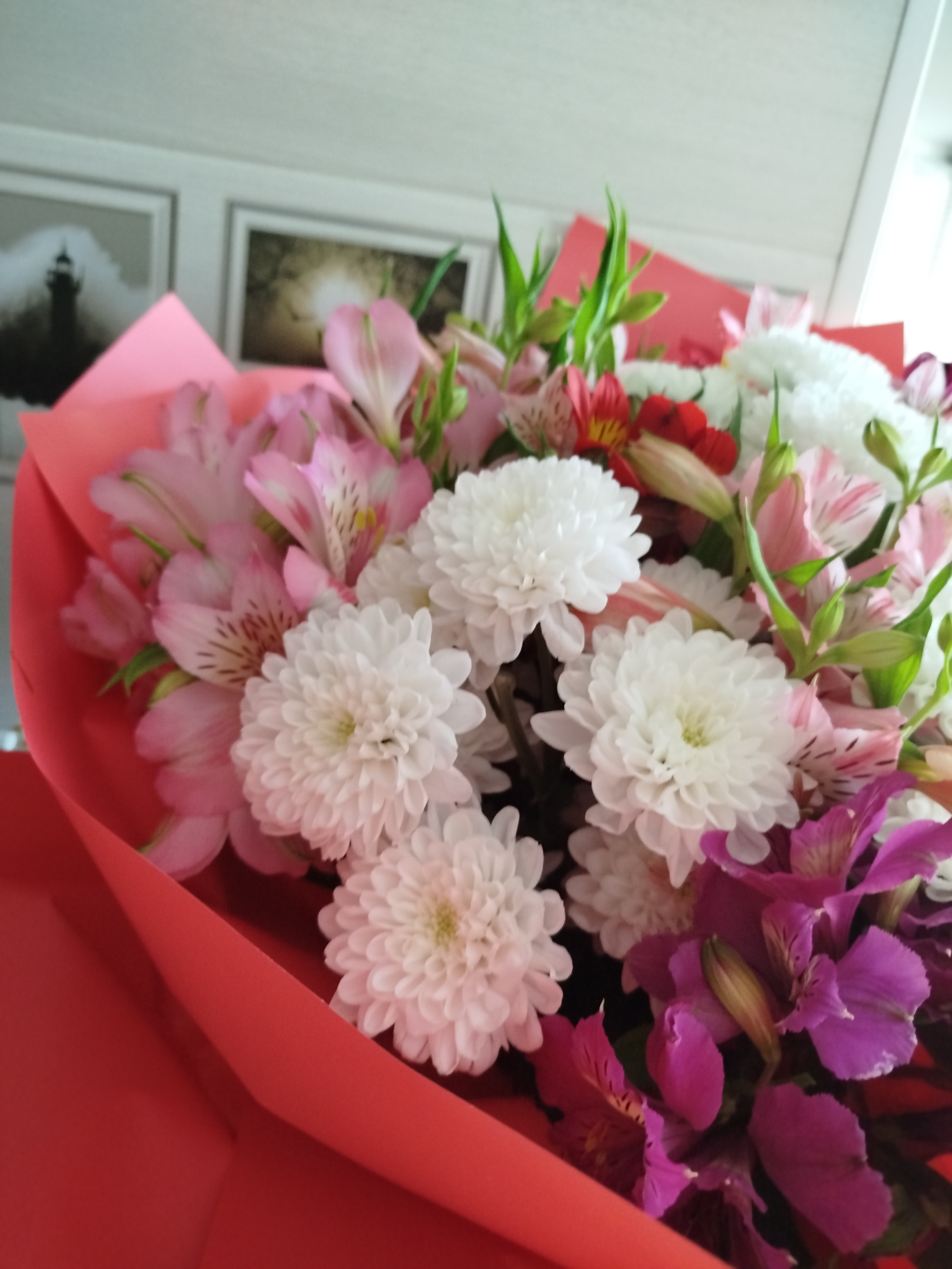 A close-up, high-angle shot shows a bouquet of flowers wrapped in red paper. The bouquet contains several white chrysanthemums and pink and purple alstroemeria flowers. The background is out of focus, but appears to be a wall with two framed pictures. The overall lighting suggests an indoor setting, likely during daylight. The location is Unknown, Unknown.