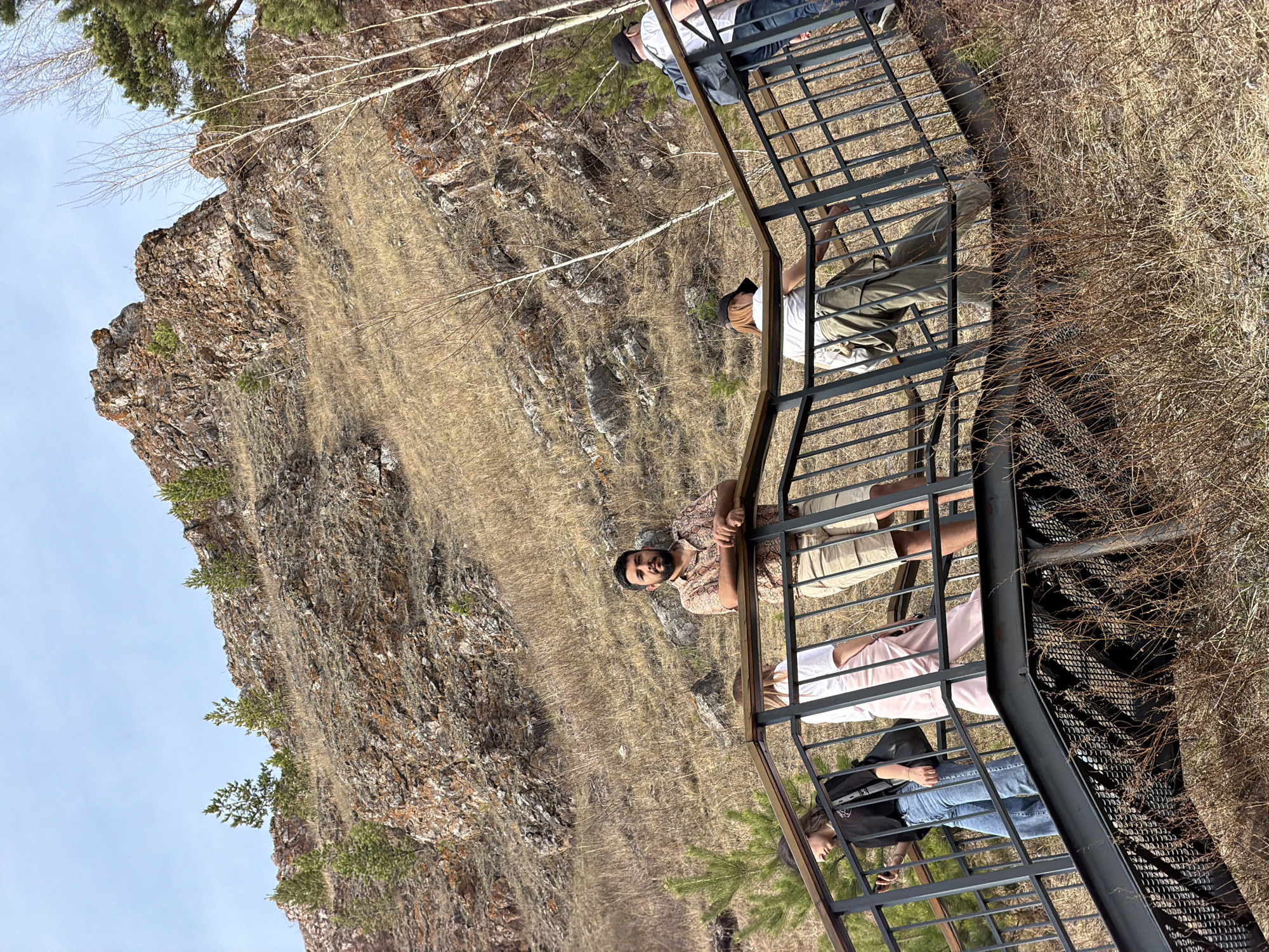 The image captures a group of people on an extensive metal staircase or observation platform, seemingly built into the side of a rugged, rocky hill. The scene likely takes place in a natural park or mountainous area, aligning with the provided location context of Krasnoyarsk, Russia.
In the mid-ground, a man with a beard, wearing a patterned short-sleeved shirt, leans casually on the railing, looking directly at the camera. Other individuals are distributed along the staircase. Above the bearded man, a person in a light-colored top and shorts is partially visible. Below him, another person in a light pink ensemble stands on the steps. Further down the stairs, a woman in blue jeans and a dark jacket or top is seen holding a mobile phone. Additional people, mostly obscured, are present further up the staircase, including one wearing a white t-shirt, light pants, and a dark cap.
The surrounding landscape features a steep, rocky slope covered with dry, golden-brown grass and sparse vegetation. Several bare deciduous trees and some scattered evergreen pines cling to the hillside. The sky overhead is clear and light blue, indicating bright daytime conditions, possibly in early spring or late autumn given the dry foliage. The metal staircase features open grates for steps and sturdy railings. There is no visible text in the image.
