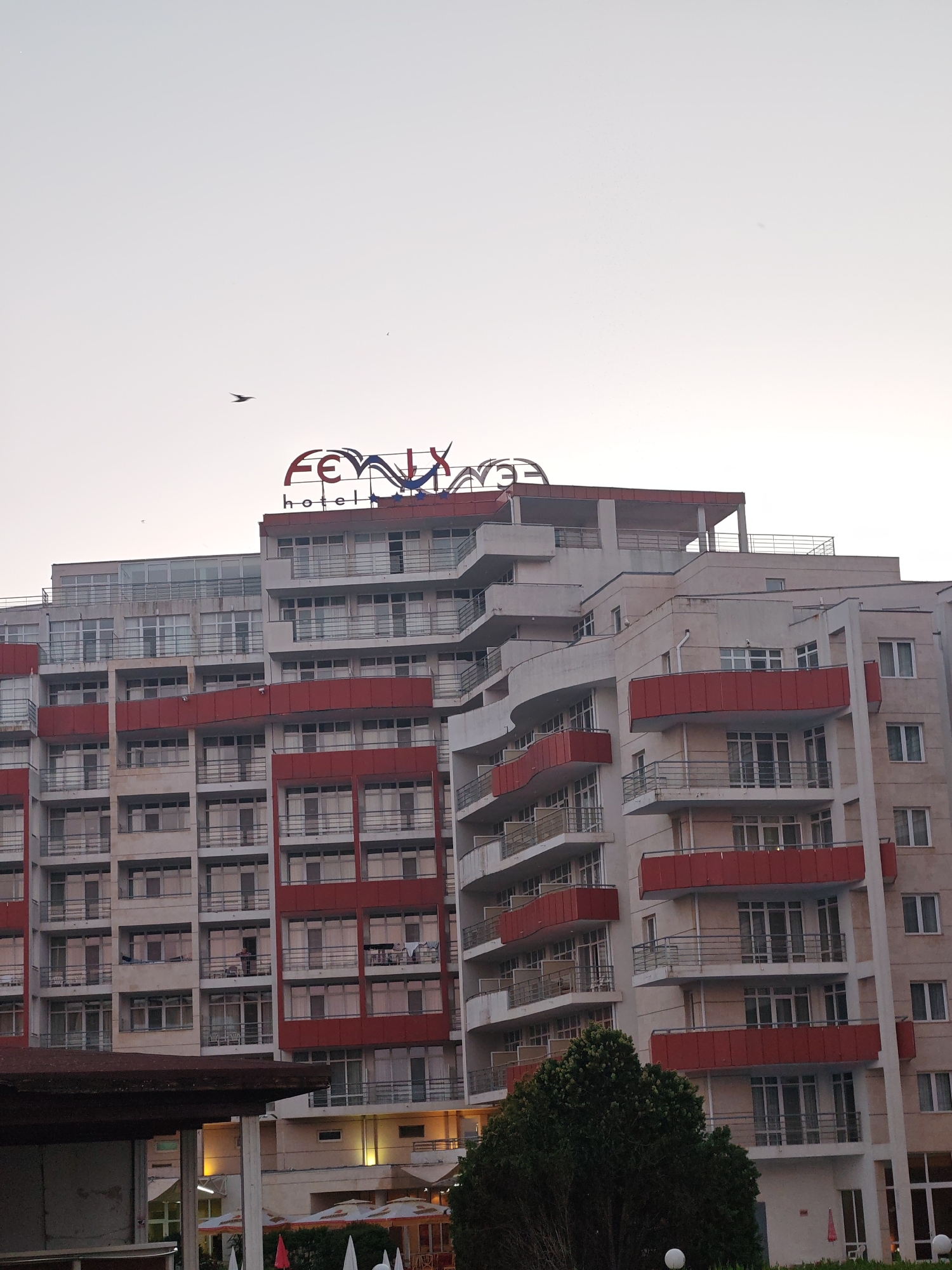 A tall, multi-story hotel building, "Fenix Hotel", is located in Nesebar, Bulgaria. The building features a combination of white and red architectural elements, with numerous windows and balconies. The "Fenix Hotel" sign is prominently displayed on the top of the building. In the sky, there is a flying bird. Below the building, partial views of trees and an outdoor area with umbrellas are visible. The sky is light, suggesting either early morning or late evening.