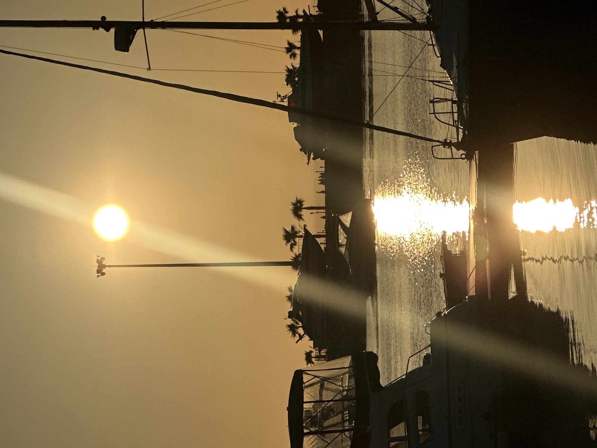 The image depicts a sunset scene in Sochi, Russia. The sun is positioned on the left, casting a golden hue over the entire scene. Silhouetted palm trees and buildings line the horizon. Several boats are docked in the water, their masts and rigging visible against the bright sky. Light reflects off the water's surface, creating a sparkling effect. The scene is captured at an oblique angle.