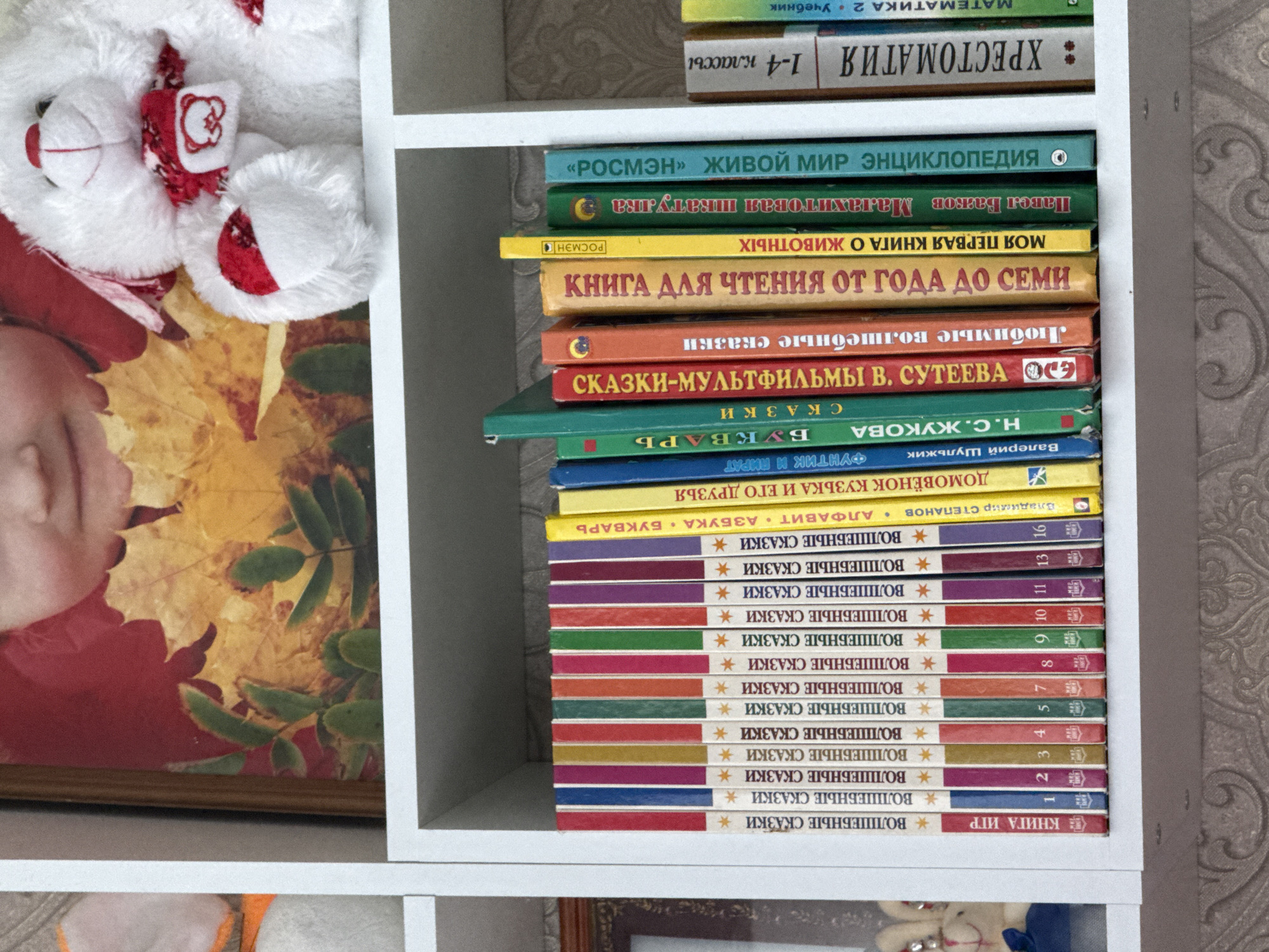 The image shows a white shelf filled with books. The books are of various colors and sizes, and they are arranged in a row. Some of the books have titles in Russian. In the background, there is a framed picture of a child with autumn leaves, and a white stuffed animal with a red scarf. The shelf is in a room with a textured wallpaper. The overall scene depicts a home library or a collection of children's books. The text on the books and the context suggest this location is in Rossosh, Russia.