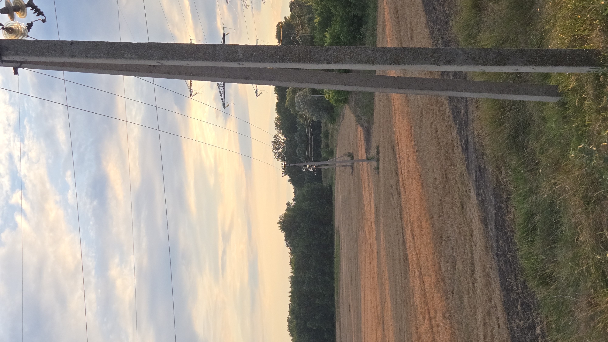 The image captures a pastoral scene with a dry wheat field in the foreground, stretching towards a dense line of trees in the distance. Power lines crisscross the frame, supported by concrete poles, one of which dominates the right side of the image. The sky above is a canvas of soft clouds, illuminated by the warm hues of either sunrise or sunset, casting a gentle light over the landscape. The location is identified as Suklieia, Moldova.