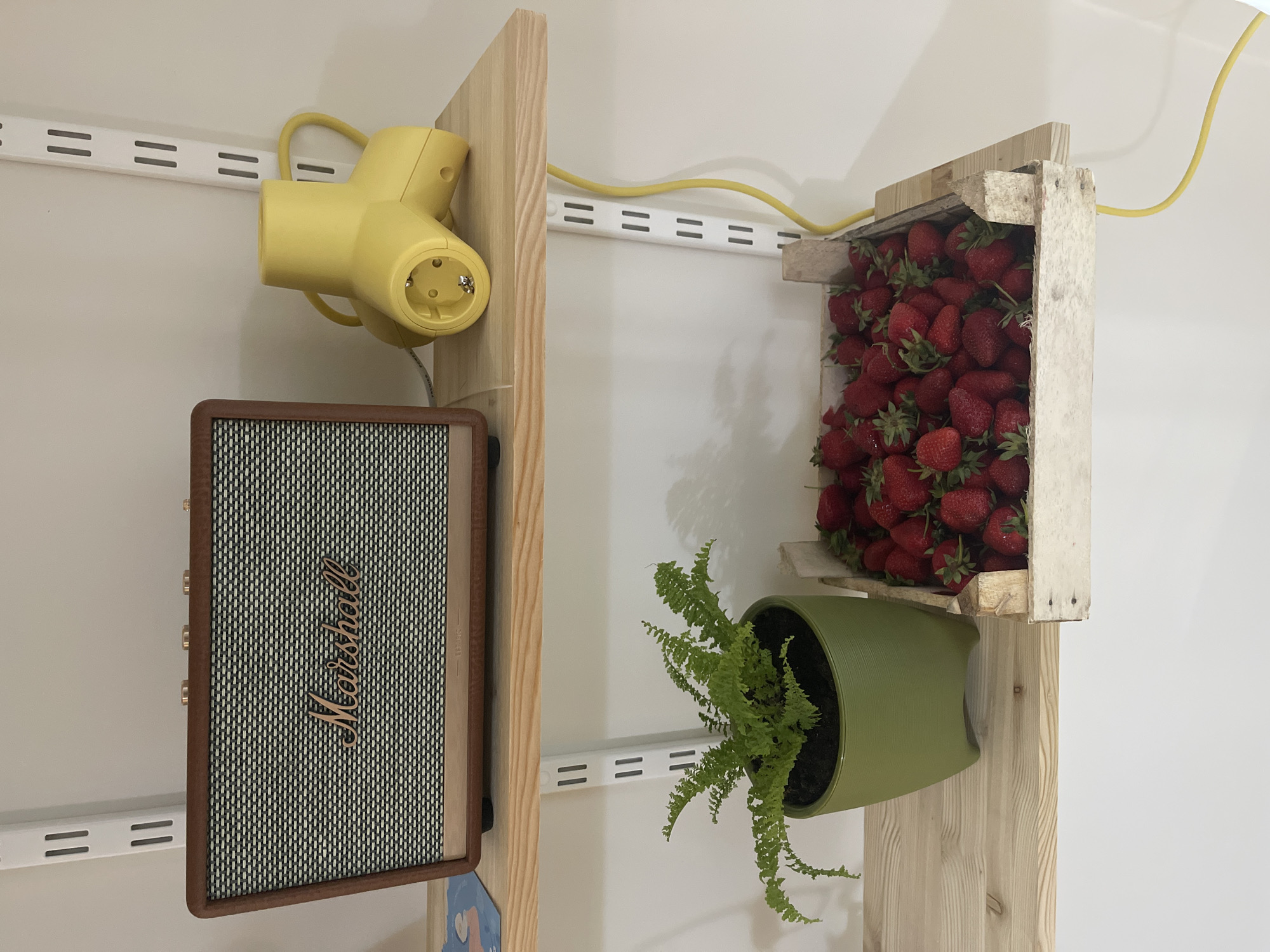 A shelf is mounted on a white wall. The shelf has a Marshall speaker with a yellow plug adaptor above it. To the right on the shelf is a wooden crate filled with strawberries. Below the strawberries is a green pot with a fern plant. The setting is inside. The location in the city of Izhevsk, Russia is not evident.