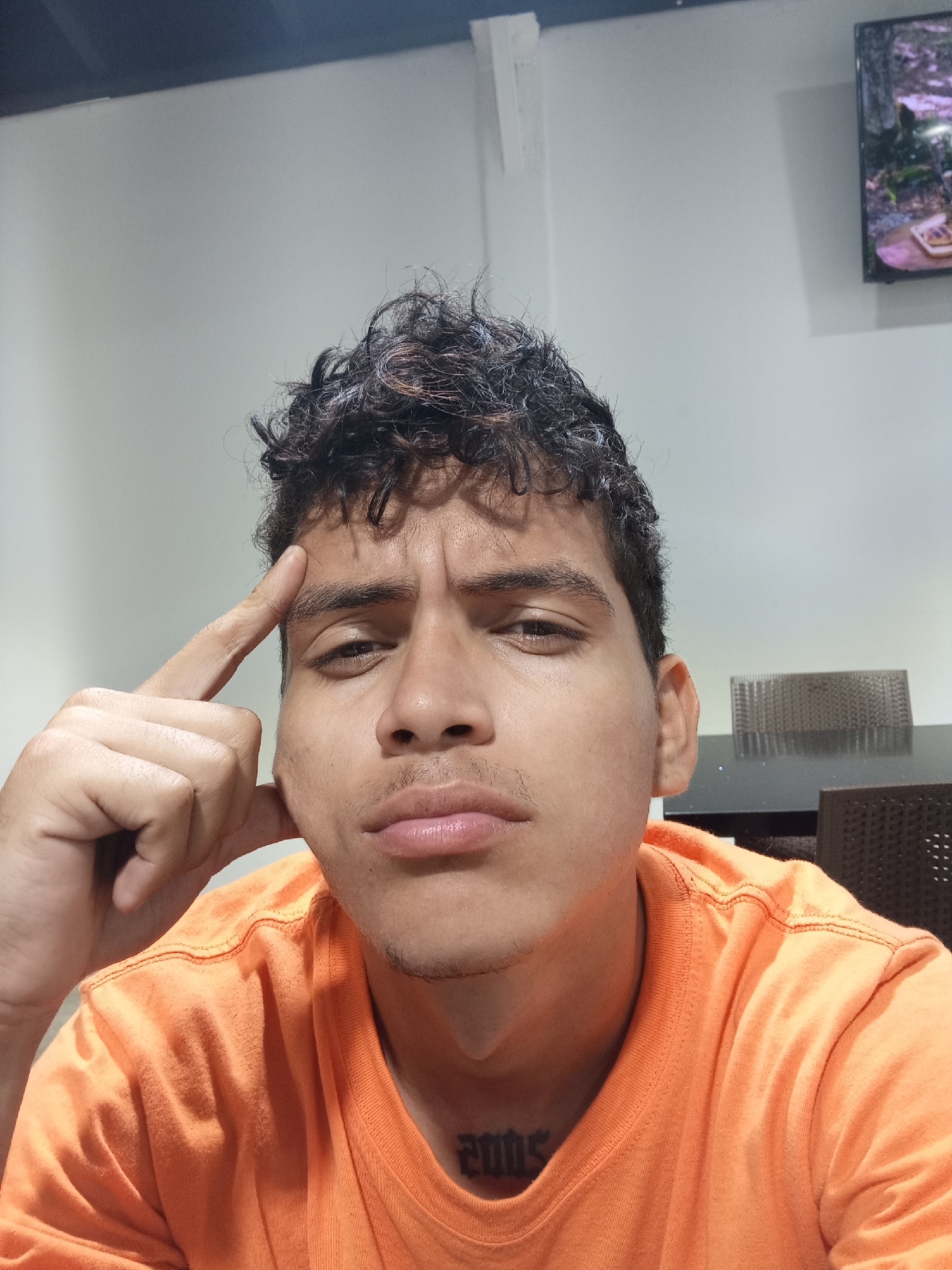 A young man poses indoors. He has short, curly dark hair with reddish highlights. He wears an orange t-shirt. His right index finger is placed on his forehead. A tattoo is visible on his neck. A television is mounted on the wall in the background, and a wicker-style object is on a dark table behind him. There is no indication of the location being Juan Griego, Venezuela.