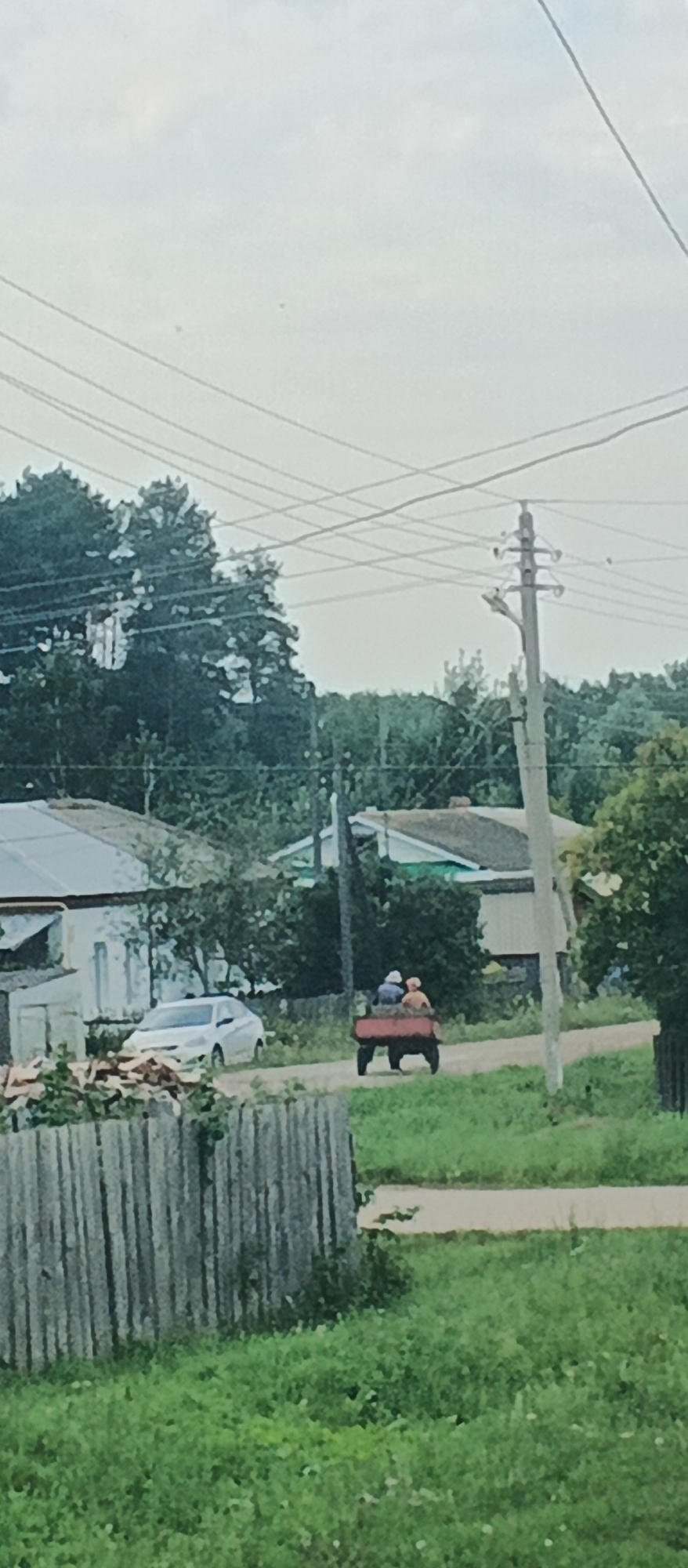 In the village of Podgornoye, Russia, a wooden fence is in the foreground. Beyond the fence, a dirt road runs horizontally. A red wagon with two people is moving away from the camera on the road. The person in the back is wearing a blue hat and a light brown shirt, and the person in the front is wearing an orange shirt. A white car is parked on the side of the road. In the background, houses with pitched roofs are visible, surrounded by trees. A power pole with wires stretches across the sky. The sky is overcast and light.