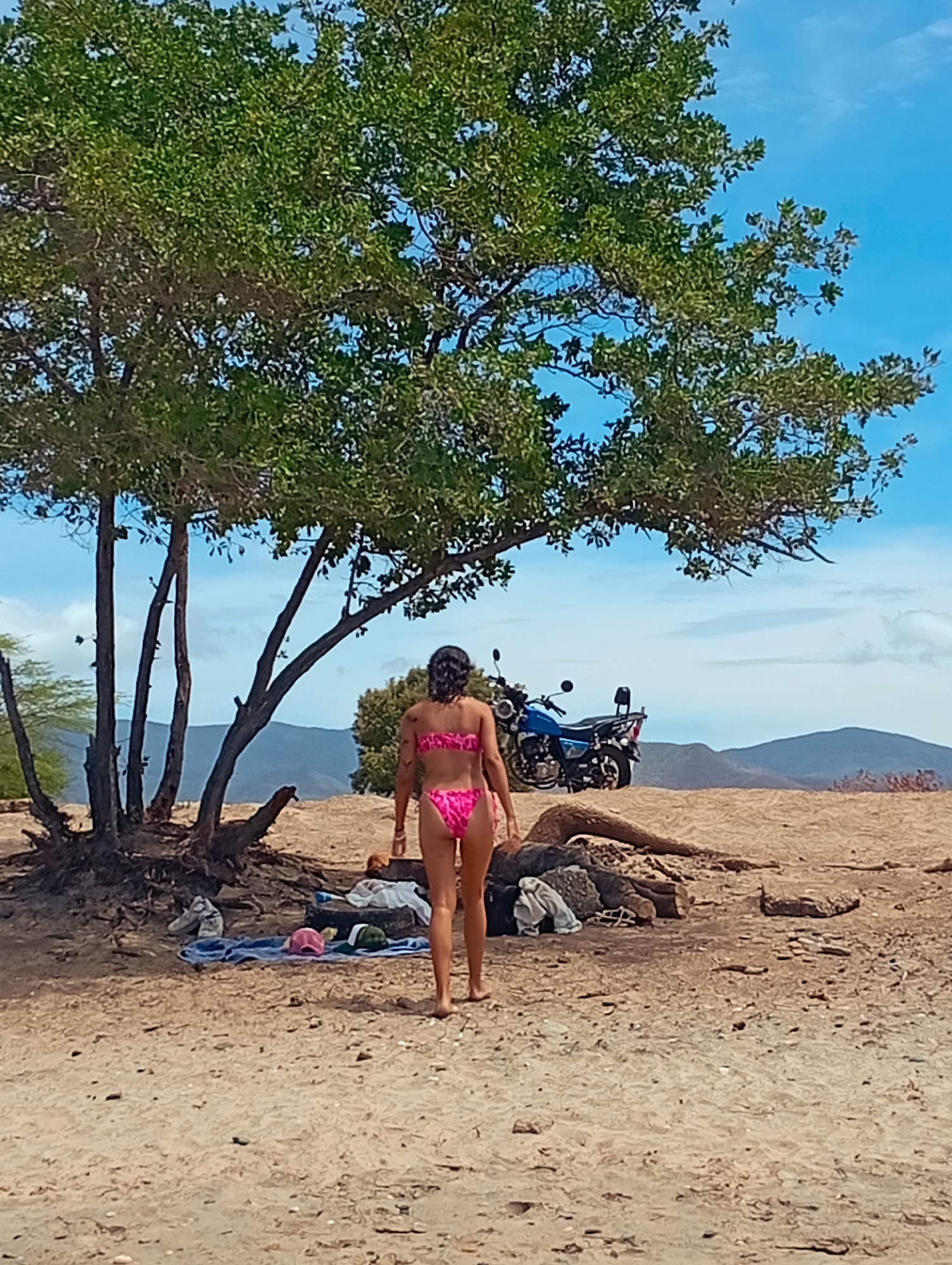A woman wearing a pink bikini is walking away from the viewer on a sandy beach. She is positioned near the base of a tree with several slender trunks and lush green foliage. Under the tree, there is a collection of items, including a blue towel, clothing, and what appear to be shoes. A motorcycle is parked a short distance away, behind the tree. In the background, there are mountainous features under a blue sky with some cloud cover. The location is the city of Altagracia, Venezuela.