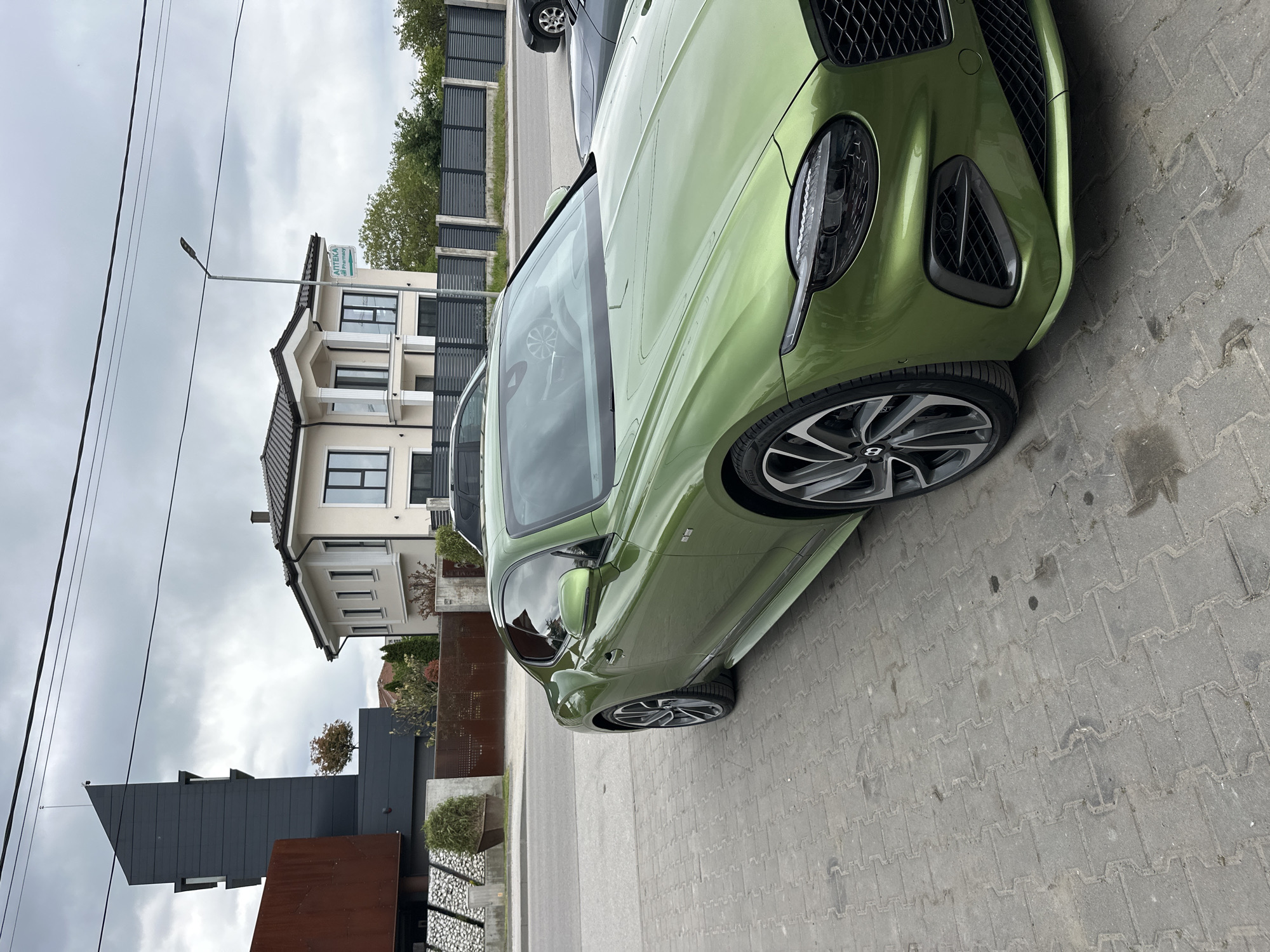A green Bentley automobile is parked on a paved road. The scene appears to be a residential neighborhood with houses and metal fences visible in the background. A street lamp is also present. The weather is overcast. The location is not explicitly stated to be Plovdiv, Bulgaria, and there are no immediate visual cues to confirm this.