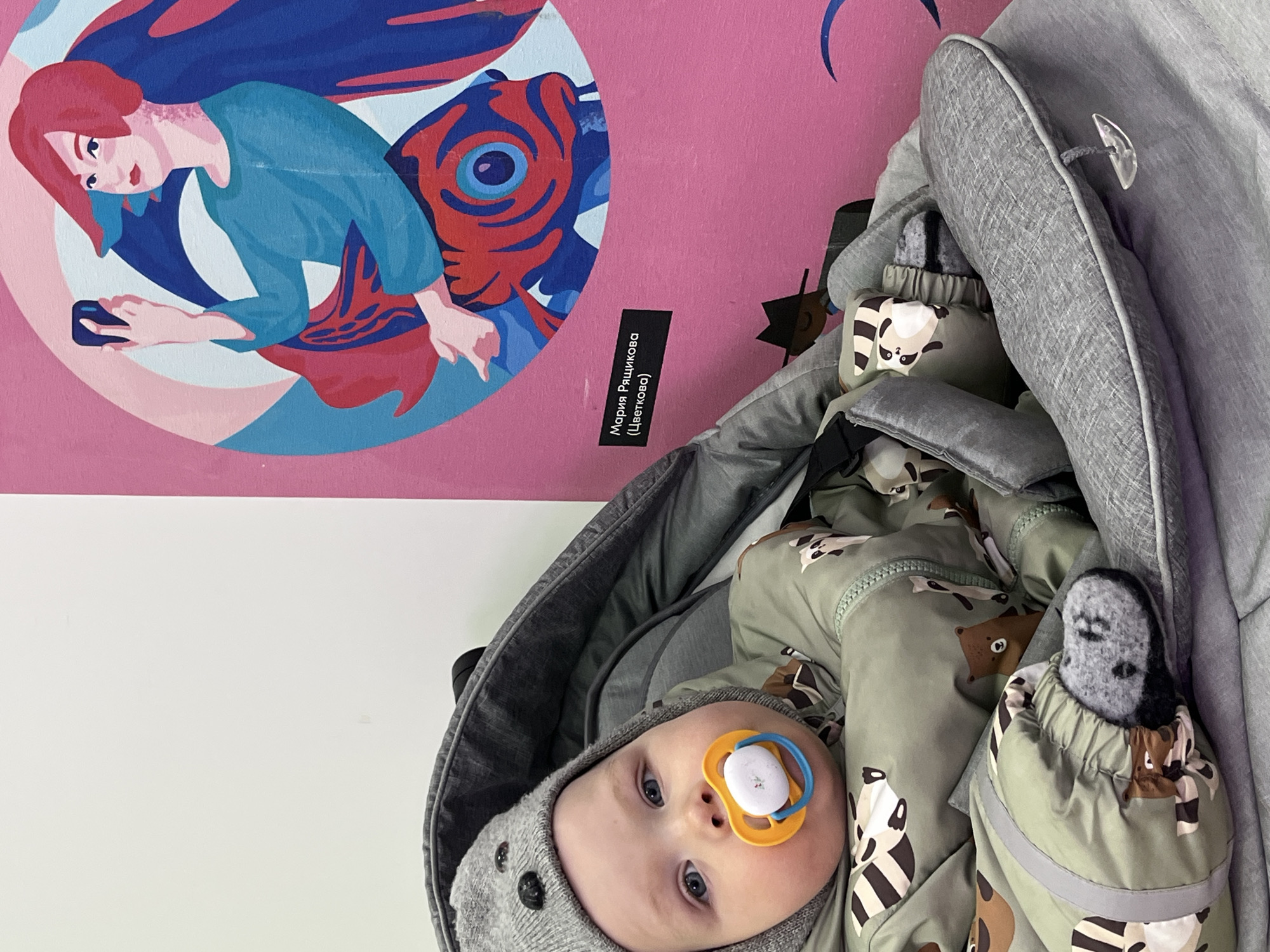 The image captures a baby resting in a grey stroller or car seat, set against a vibrant background. The baby is in the foreground, looking directly at the viewer with wide, curious blue eyes. They wear a grey knitted hat with small bear ears and a light green, patterned jumpsuit adorned with cartoon animals like raccoons and bears. A yellow and blue pacifier is in the baby's mouth. One of the baby's feet, clad in a grey, patterned bootie or sock, is visible towards the right side of the frame. The grey fabric of the stroller or car seat, with its soft padding, suggests comfort and warmth, hinting at colder external weather.
In the background, on the upper left, a colorful mural or poster is visible. It features a stylized woman with red hair and a blue top, holding a black smartphone. She appears to be emerging from or interacting with a large, intricately designed red and blue fish-like creature, against a swirling light blue and pink background. The mural itself is set against a solid pink wall, with a thin white strip visible along the bottom edge of the wall.
A black rectangular label with white Cyrillic text is affixed to the pink wall, vertically oriented. The text reads: "Мария Рящикова (Цветково)," which translates to "Maria Ryaschikova (Tsvetkovo)." This text identifies the artist or artwork, providing a direct location cue aligning with the Chaikovsky, Russia context. The indoor setting, combined with the baby's warm clothing and the artistic mural, creates a cozy yet visually engaging atmosphere, possibly in a public space like a gallery, cafe, or a warmly decorated home.