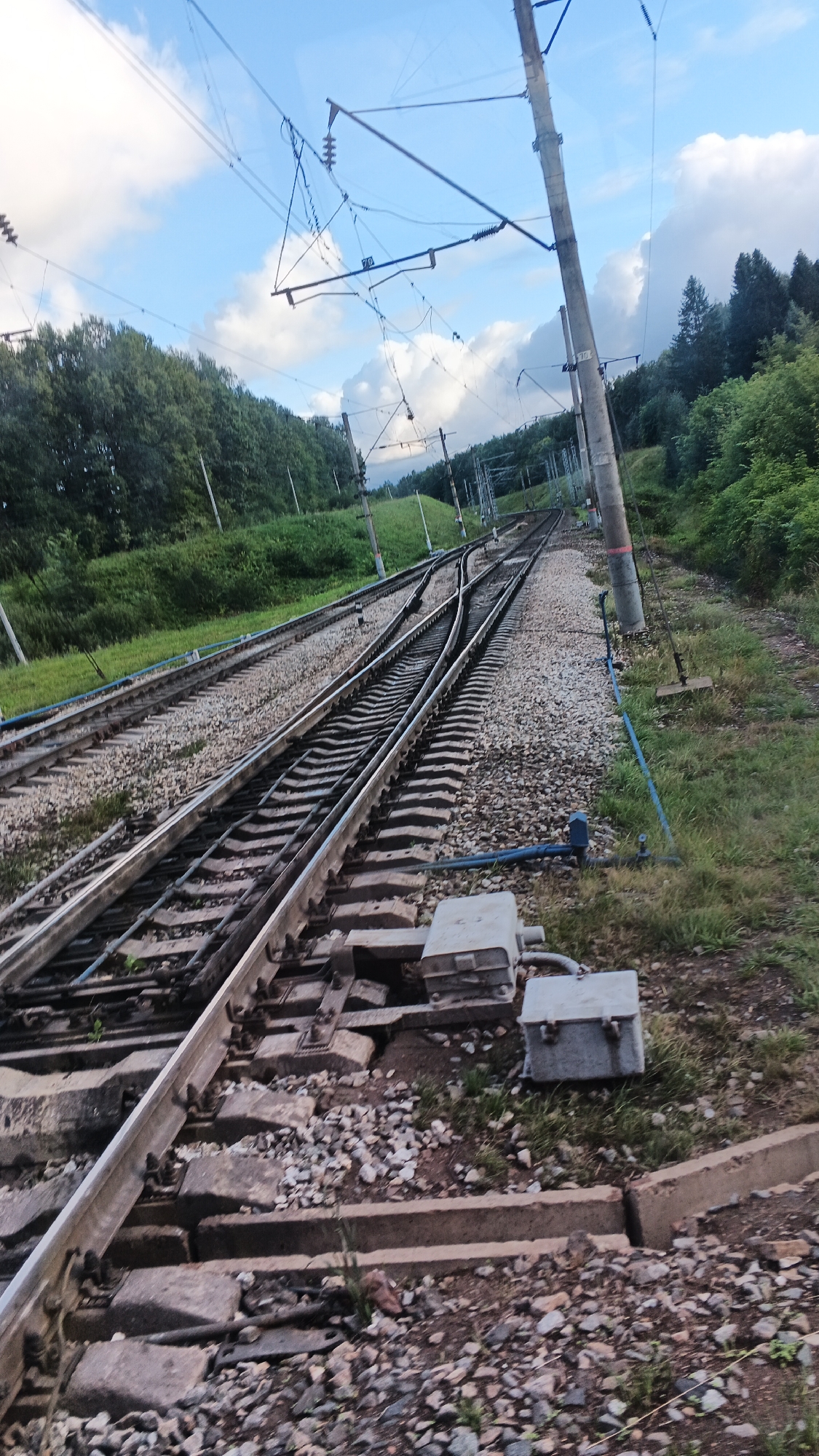 An outdoor, eye-level, medium shot captures a view of a railway track junction under a cloudy sky. The tracks, made of metal and resting on ballast, are the central focus, with multiple lines converging and diverging. Overhead, a network of electrical wires and poles stretches across the frame, indicating an electrified railway line. To the sides of the tracks, lush green grass and trees dominate the landscape, suggesting a rural or semi-rural environment. Several gray, rectangular electrical boxes are situated near the tracks. The scene appears to be located in or near the village of Kechevo, Russia, given the context provided. There are no people or animals visible in the image. The lighting suggests it is daytime, possibly late afternoon, with diffused light filtering through the clouds.