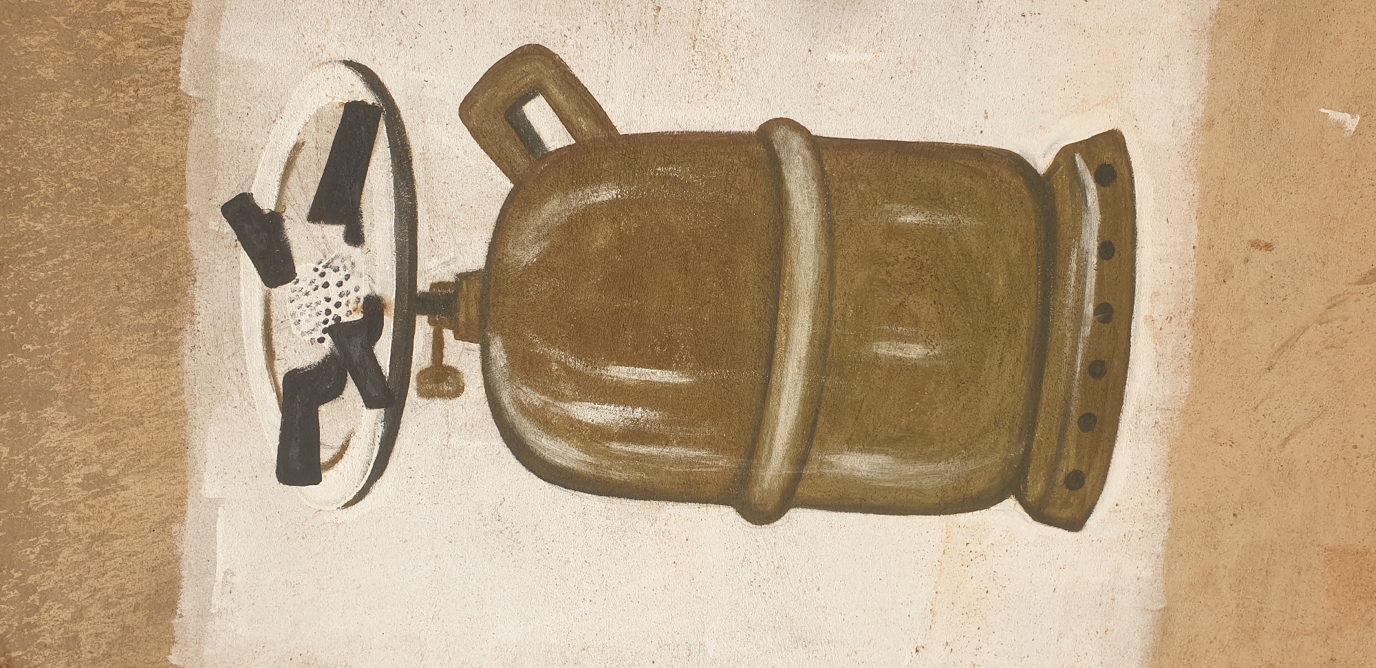 This is a painting of a portable camping stove. The stove is a dark brown color and has a rounded body with a handle on the right side. The top of the stove has a white circular plate with black supports. In the center of the plate is a pile of white dots, possibly representing food or fuel. The stove sits on a dark brown base with small circular indentations. The background is a textured light beige color, with a darker brown area at the top and bottom of the image. The painting is rendered in a simplified, folk-art style with visible brushstrokes. The scene does not contain any people, actions, or interactions. The location in Yelwa, Nigeria is not discernible from the image itself.