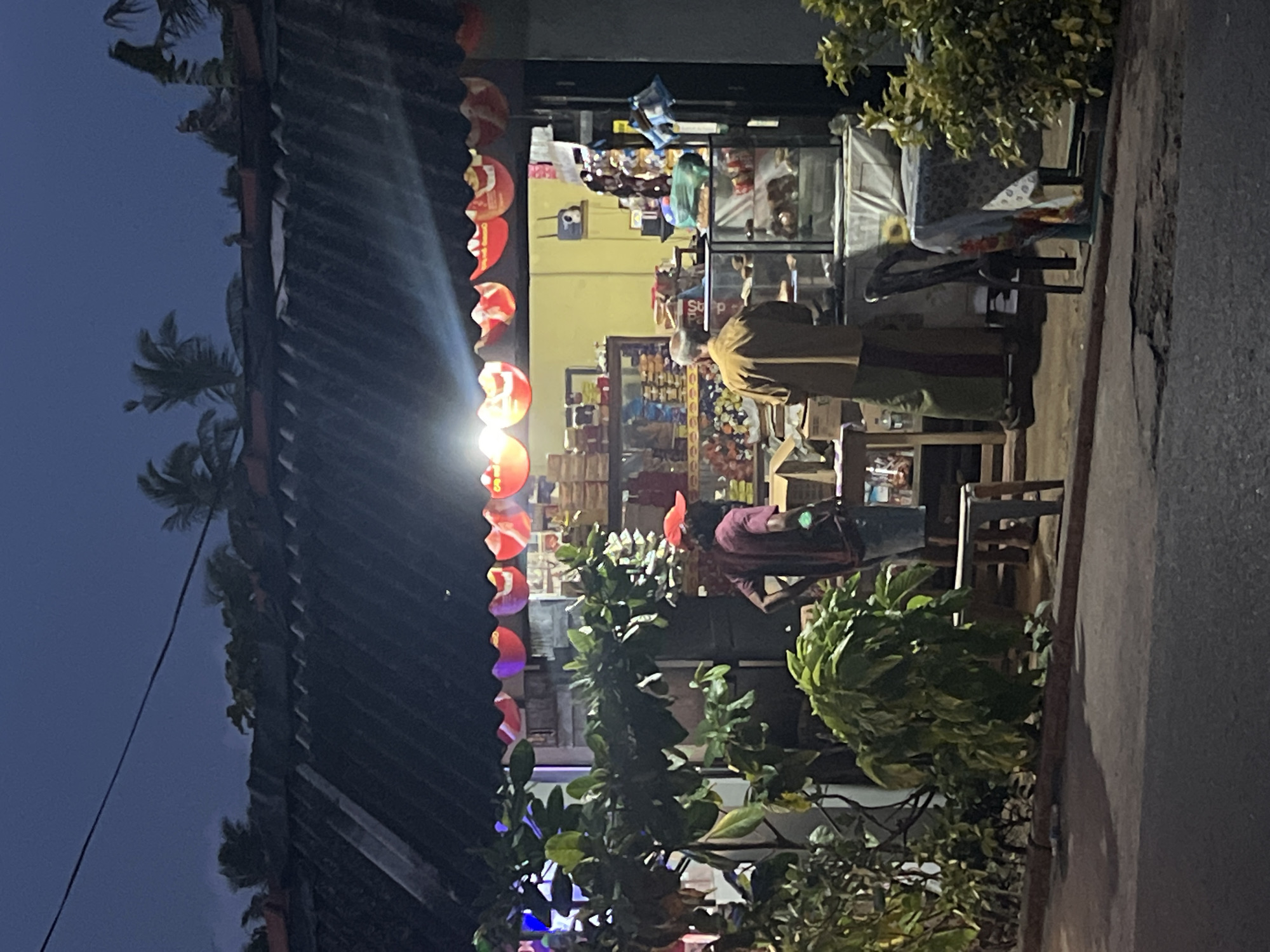 A street-level shot of a shop in Kathaluwa, Sri Lanka, taken at dusk. The shop is brightly lit and stocked with groceries, with two people inside. One person is wearing a tan jacket, the other a maroon shirt. In front of the shop is an assortment of greenery. Red, circular lanterns are hung along the awning of the shop. A street is visible to the right. A few palm trees are visible in the background.
