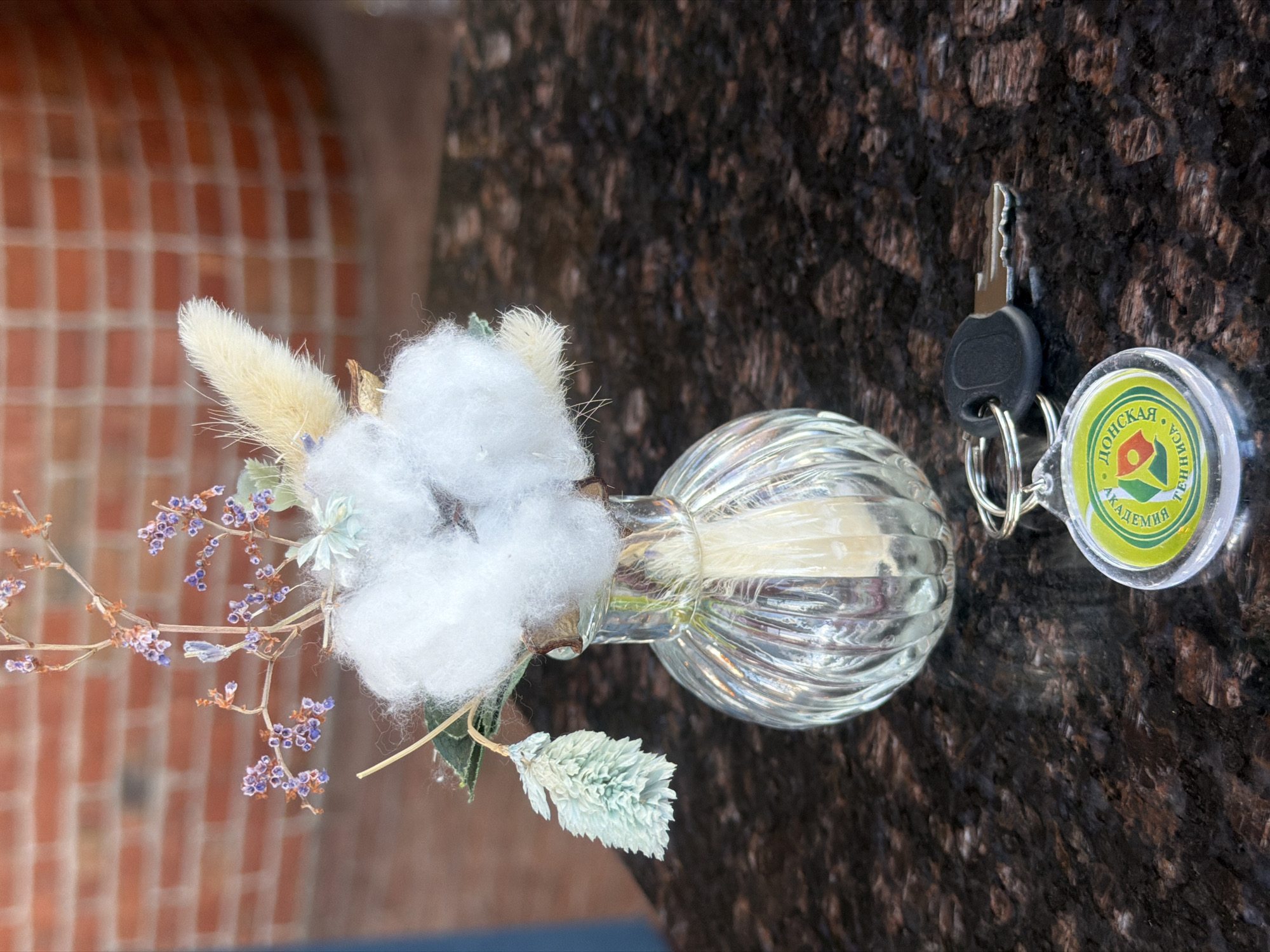 A close-up, slightly overhead shot captures a small, clear glass vase containing cotton stems and dried flowers, placed on a textured dark surface, alongside a key with a round keychain. The keychain features a green and yellow emblem with text in Cyrillic script. The background reveals a blurred brick wall on one side and the continuation of the dark surface on the other. The keychain reads "DONSKAYA" and "AKADEMIA" in Cyrillic. Based on the name, the image is likely taken in or associated with an area in Russia, most probably near the Don River region. Given the keychain and subject, it could be related to an event or association of the "Donskaya Academia" in the Ovoshchnoy region of Russia.