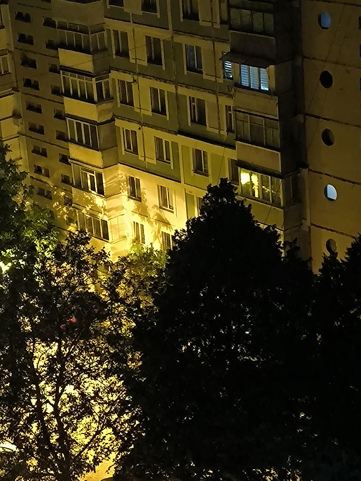 The image depicts a nighttime view of a multi-story apartment building in Chișinău, Moldova. The building's facade is illuminated by artificial lights, casting a yellowish hue on the structure and trees in the foreground. Several windows are visible, some of which are lit from within, suggesting occupancy. The trees in the foreground are dark silhouettes against the illuminated building, with some of their leaves catching the light. The overall scene suggests a residential area at night.