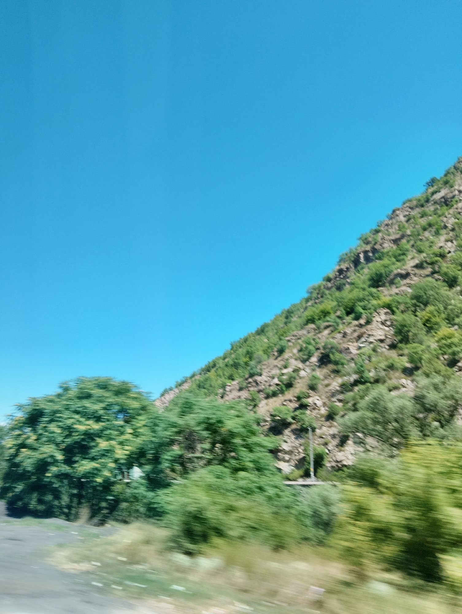The image captures a mountainous landscape with a bright blue sky. A steep, rocky mountainside covered in green vegetation dominates the right side of the frame, sloping upwards from the center to the top right corner. In the foreground on the left, lush green trees with some yellow foliage are visible, appearing slightly blurred due to motion. The overall impression is of a natural, undeveloped area. The prompt requests a location in Poleto, Bulgaria, but this information cannot be verified or depicted from the visual content of the image alone. The scene is devoid of people, specific actions, or interactions. The environment is characterized by natural elements.