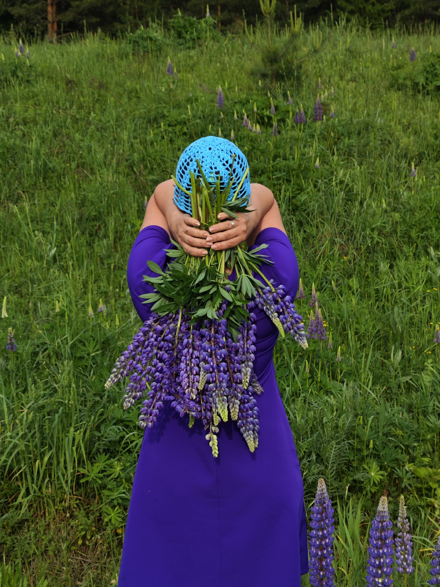 A woman is standing in a field in Chaikovsky, Russia. She is wearing a purple dress and a blue crocheted hat. She is holding a large bouquet of purple lupine flowers in front of her face, obscuring her features. The field is filled with tall green grass and scattered lupine flowers. In the background, there is a line of pine trees.