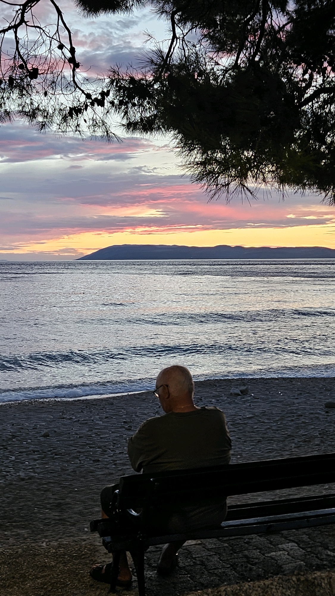 A man sits on a dark bench facing a tranquil sea at dusk. The sky above is painted with vibrant hues of pink, orange, and purple, suggesting a sunset. In the distance, a faint outline of land is visible across the water. The beach is composed of dark pebbles, and the waves gently lap at the shore. The foreground is partially obscured by the dark branches of a tree, casting shadows over the scene. The man is bald and wears glasses, a green t-shirt, and dark shorts. His posture suggests contemplation as he gazes towards the horizon. The setting evokes a peaceful and serene atmosphere. The scene is likely captured along the coast of Općina Tučepi, Croatia, a region known for its beautiful Adriatic coastline and picturesque sunsets.