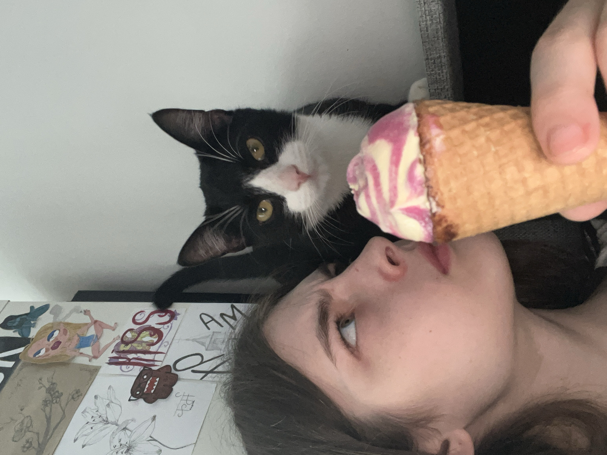 This image presents an indoor scene located in Saint Petersburg, Russia, featuring a young female and a black and white tuxedo cat. The female, positioned on the left, has dark hair and light-colored eyes. She holds a waffle cone topped with swirled pink and cream-colored ice cream in her left hand, which is partially visible. Her head is tilted slightly upward, with her gaze directed towards the upper right, and her eyebrows are subtly furrowed. The cat is situated behind and to the right of the female, visible from the chest up, with its yellow eyes fixed on the viewer. It appears to be seated on a textured gray surface. The background on the left side of the frame is a wall or board covered with various items, including a detailed sketch of a flowering branch, a cartoon cutout of a blonde woman in a blue swimsuit, a brown Domo-kun-like character, and red, stylized lettering resembling 'KISS'. Additional faint sketches, including a Devanagari script word 'कर्म' (Karma) and a drawing of a spired building, are also visible. The background on the right is a plain white wall.