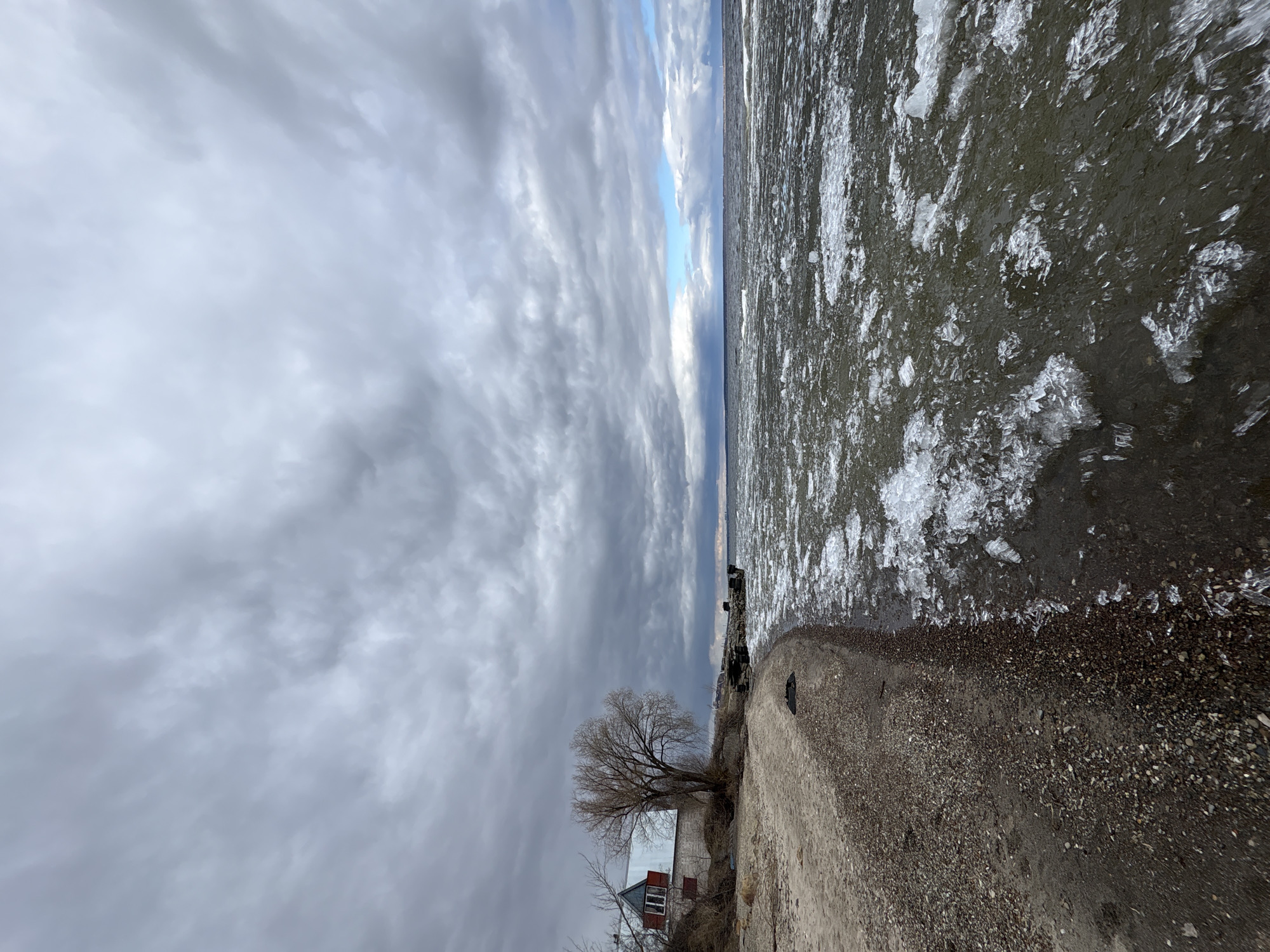 The image depicts a shoreline scene in Ulyanovsk, Russia, characterized by a gray, overcast sky. The foreground features a concrete embankment, leading to a beach of small rocks and sediment. A bare tree and a small, partially visible building with red accents and white-framed windows are situated behind the embankment. The body of water, likely the Volga River, is partially covered with ice floes. The horizon line appears distant and indistinct due to the prevailing weather conditions.