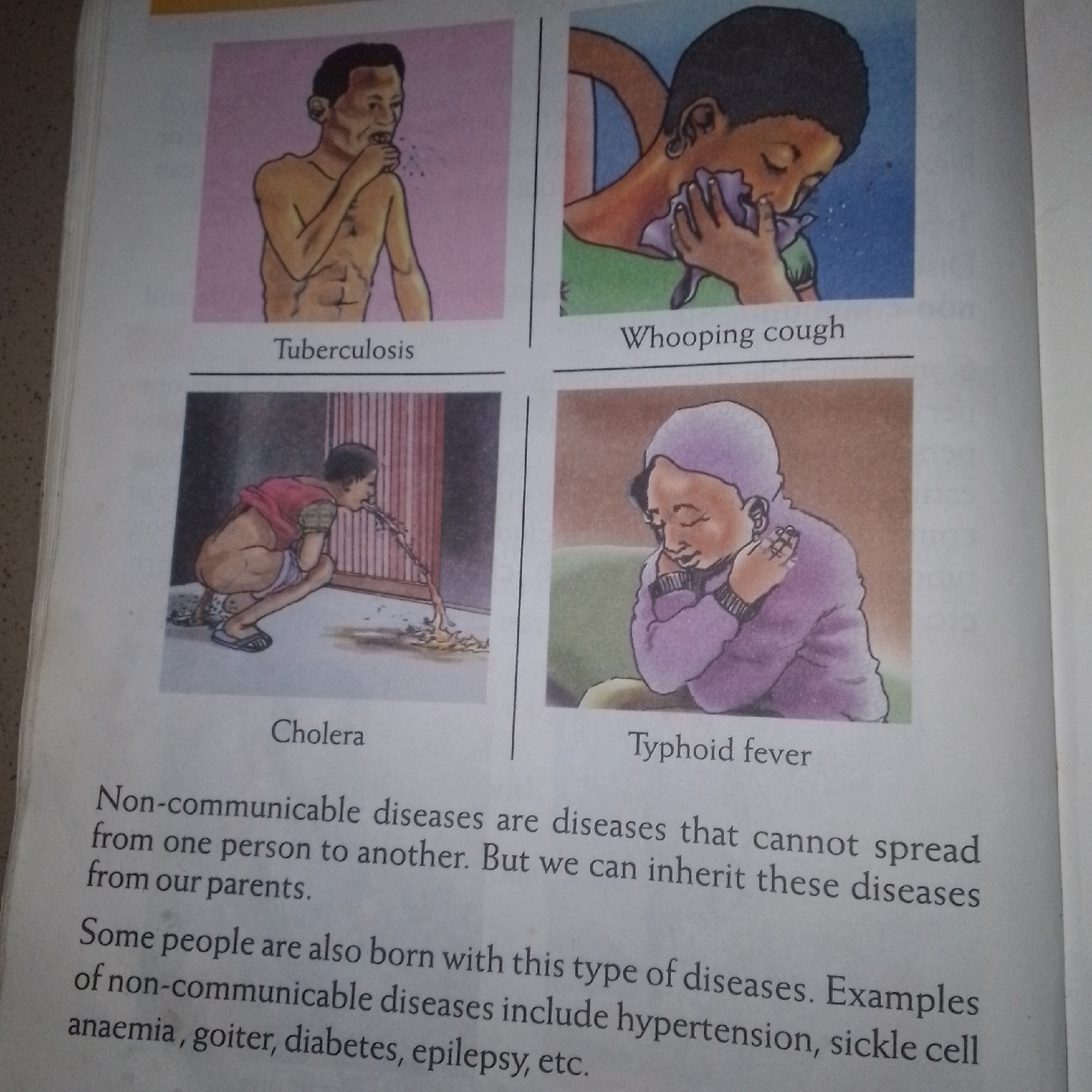 The image is a photograph of a page from a textbook or educational material. It displays four illustrations of people exhibiting symptoms of different diseases, arranged in a 2x2 grid.
The top left illustration shows a man with his hand to his mouth, coughing or spitting, labeled "Tuberculosis".
The top right illustration depicts a child wiping their nose with a cloth, with droplets shown, labeled "Whooping cough".
The bottom left illustration shows a person hunched over and vomiting, labeled "Cholera".
The bottom right illustration shows a child holding their head, appearing ill, labeled "Typhoid fever".
Below the illustrations, there is text that defines and gives examples of non-communicable diseases. The text states that non-communicable diseases cannot spread from person to person but can be inherited from parents. It also lists examples of non-communicable diseases such as anemia, goiter, diabetes, hypertension, and sickle cell.
The background of the image appears to be a textured surface, possibly a table or floor. The lighting suggests an indoor setting. There are no discernible landmarks or clues to indicate a specific location in a city.