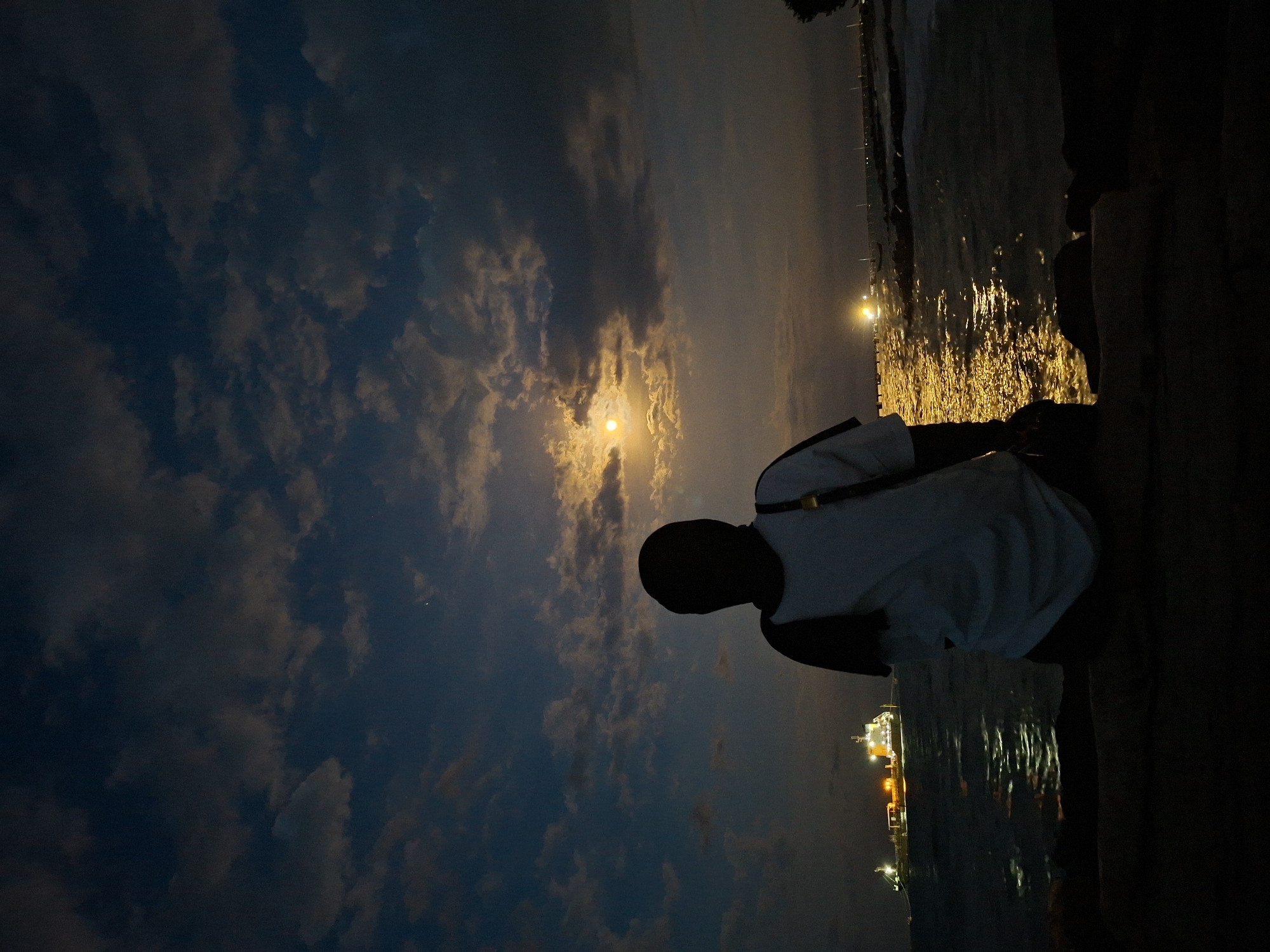 A person is silhouetted in the right side of the frame, against the backdrop of a night sky and water. The person appears to be looking towards the horizon. A full moon is visible in the center of the frame. The water reflects the light of a street lamps located on the coast of the city of Lhokseumawe, Indonesia. The photo is taken at night. The photo is rotated 90 degrees to the right.