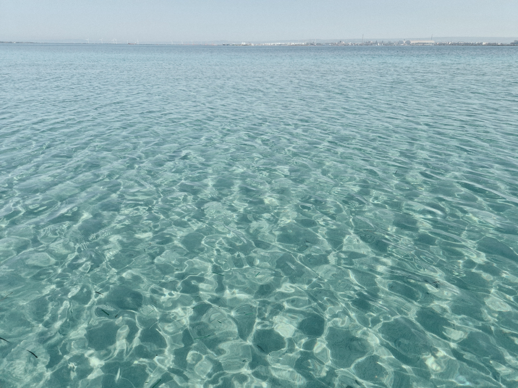 The image depicts a tranquil, sunlit seascape in Taranto, Italy. The foreground is dominated by clear, turquoise water, revealing subtle ripples and patterns of light reflecting from the sandy bottom. Scattered dark specks, likely seaweed or small aquatic life, are visible beneath the surface. In the distance, the horizon is marked by a hazy, pale blue sky meeting the sea. A faint, indistinct coastline is visible on the horizon, featuring a line of structures including what appear to be wind turbines and buildings, indicative of urban or industrial presence. The overall scene conveys a sense of calm and natural beauty.