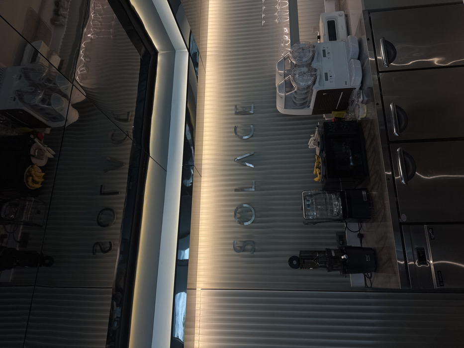 A modern kitchen scene displays appliances such as a plate warmer, dishwasher, oven, and refrigerators. The brand "SOLACE" is vertically spelled out on a corrugated light-colored wall, adjacent to the appliances. A dark, reflective surface mirroring the scene is visible on the left, creating a distorted, duplicate view. Bananas are seen on a plate in the reflection.