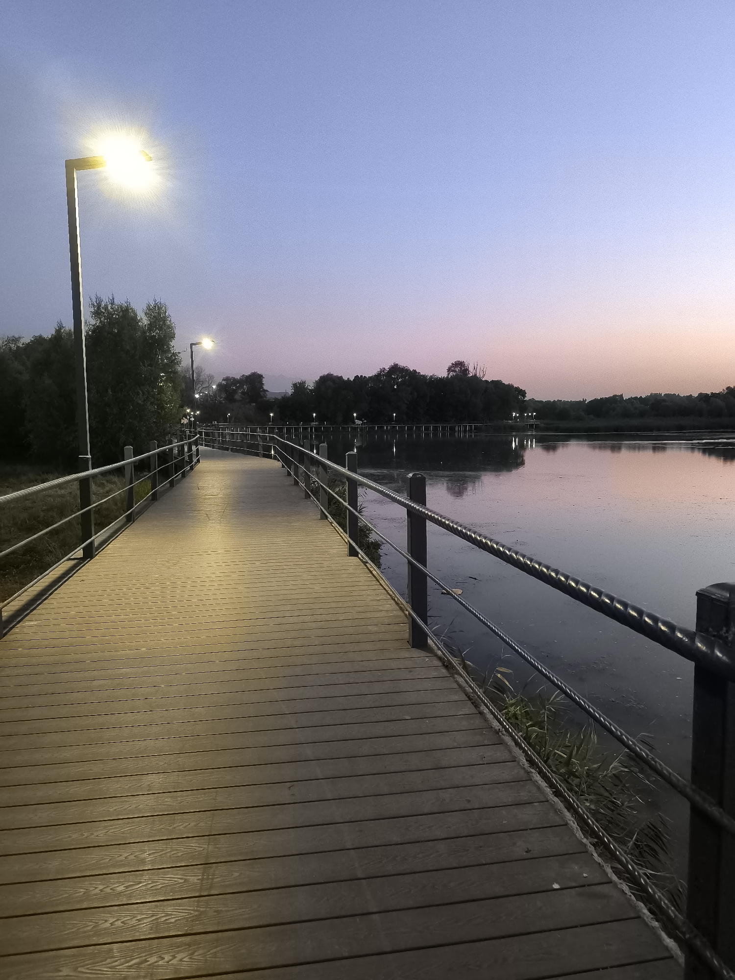 The image shows a wooden boardwalk extending into a body of water at dusk. The boardwalk is illuminated by streetlights, casting a warm glow on the wooden planks. A metal railing with wire cables runs along the side of the boardwalk. The water is still and reflects the soft colors of the twilight sky, which transitions from a pale blue at the top to a light pink and orange near the horizon. Trees line the opposite bank of the water, silhouetted against the sky. In the distance, there appear to be more lights from other structures or lampposts. The scene is serene and tranquil. This location is not specified as being in Almaty, Kazakhstan.
