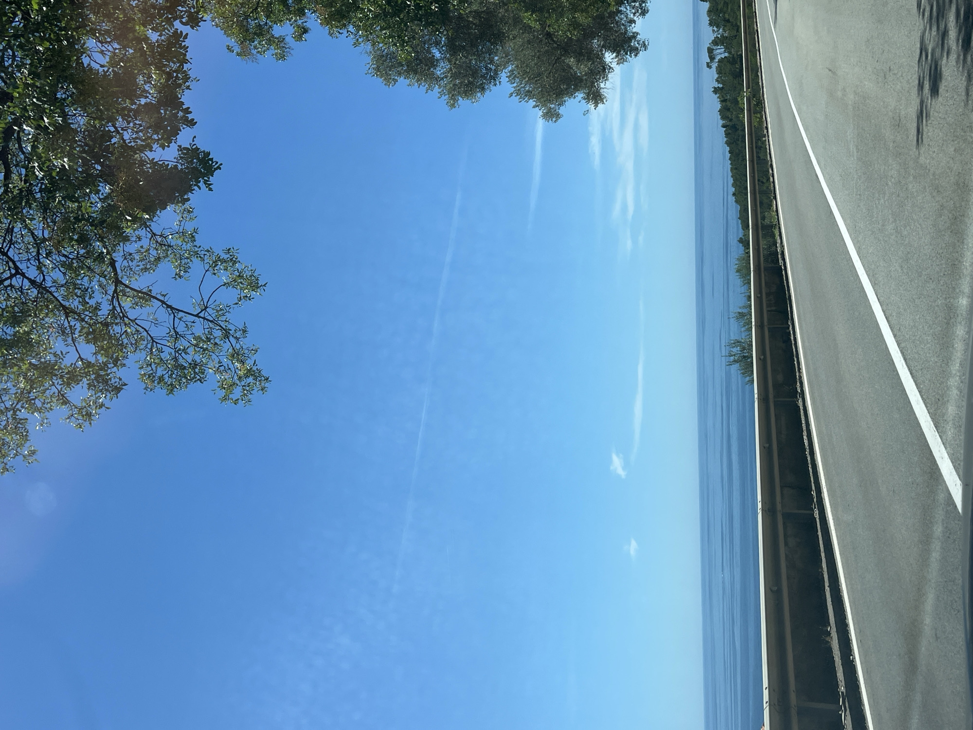 The image depicts a scenic coastal road with the sea and a clear blue sky. The road curves to the right, with a white line marking the lane. A metal guardrail separates the road from a steep drop-off overlooking the ocean. Lush green trees and foliage line the edge of the road and frame the upper portion of the image. The ocean stretches to the horizon, meeting the bright blue sky. The scene is bathed in sunlight, suggesting a clear and warm day. There are no people or vehicles visible in the image, and no specific landmarks that would indicate it is in Nerin, Montenegro.