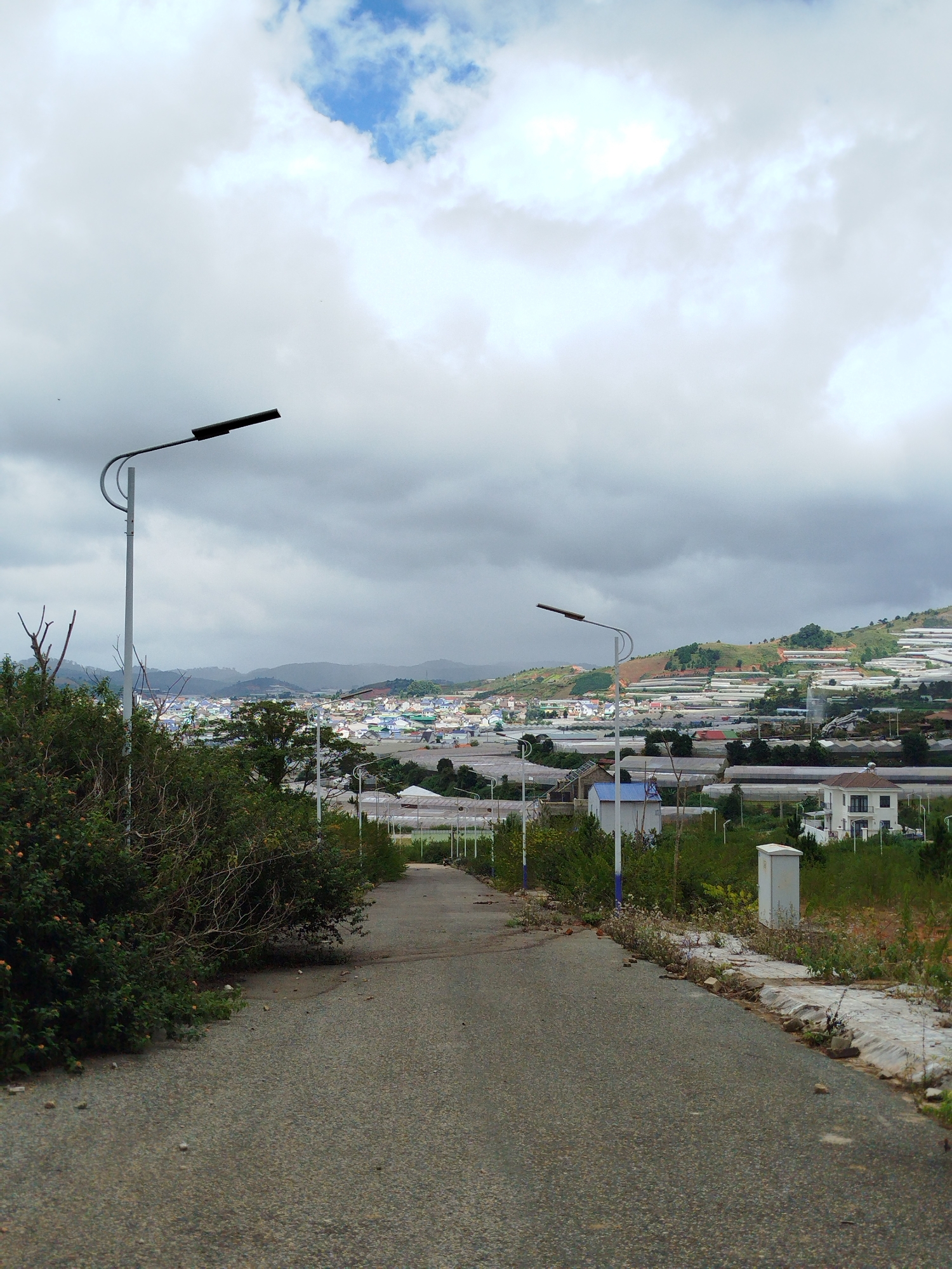 The image depicts a road leading towards a city in Lạc Dương, Vietnam, under a cloudy sky with patches of blue. The road is paved with asphalt and has a rough texture. On the left side of the road, there is lush green foliage and some dry branches. On the right side, the terrain slopes upwards, featuring more vegetation, some white plastic sheeting structures commonly used for greenhouses, and a few buildings. In the distance, a town is visible nestled in the hills, characterized by houses with red and blue roofs. Two modern streetlights with single lamps are positioned along the road, one in the foreground and another further down. The overall scene suggests a semi-urban or suburban environment in a hilly region.
