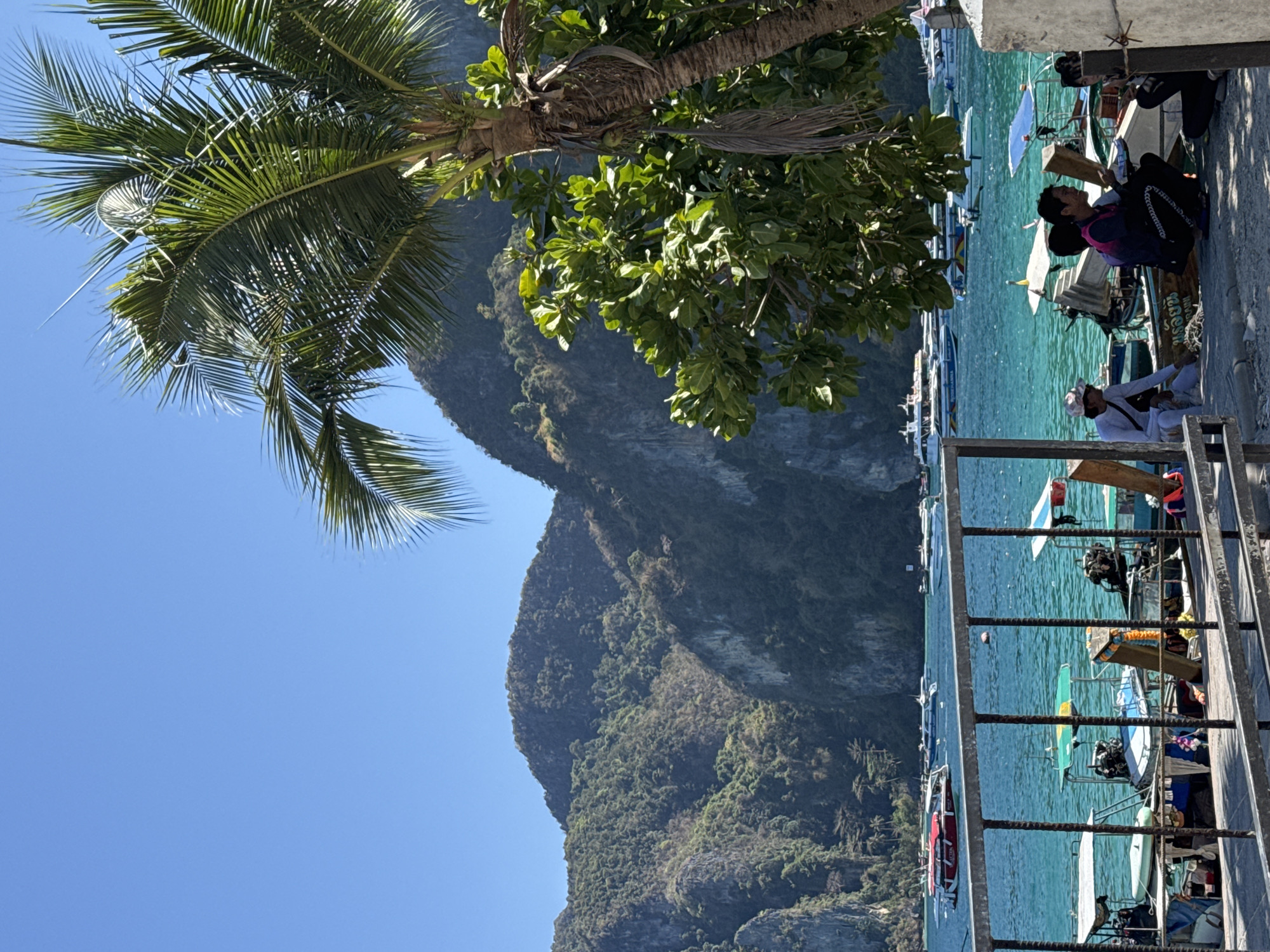 The image captures a coastal scene, likely in Ao Nang, Thailand. A steep, forested mountain rises in the background, juxtaposed against a clear blue sky and turquoise water. A palm tree overhangs the scene from the left.
On the right side of the image, a concrete pier is visible, lined with parked boats. People are present on the pier. A set of metal steps with horizontal rails descends to the boat level. The boats vary in size and color, with many appearing to be small, motorized vessels commonly used for transportation or fishing. The water is clear enough to partially see the boats.