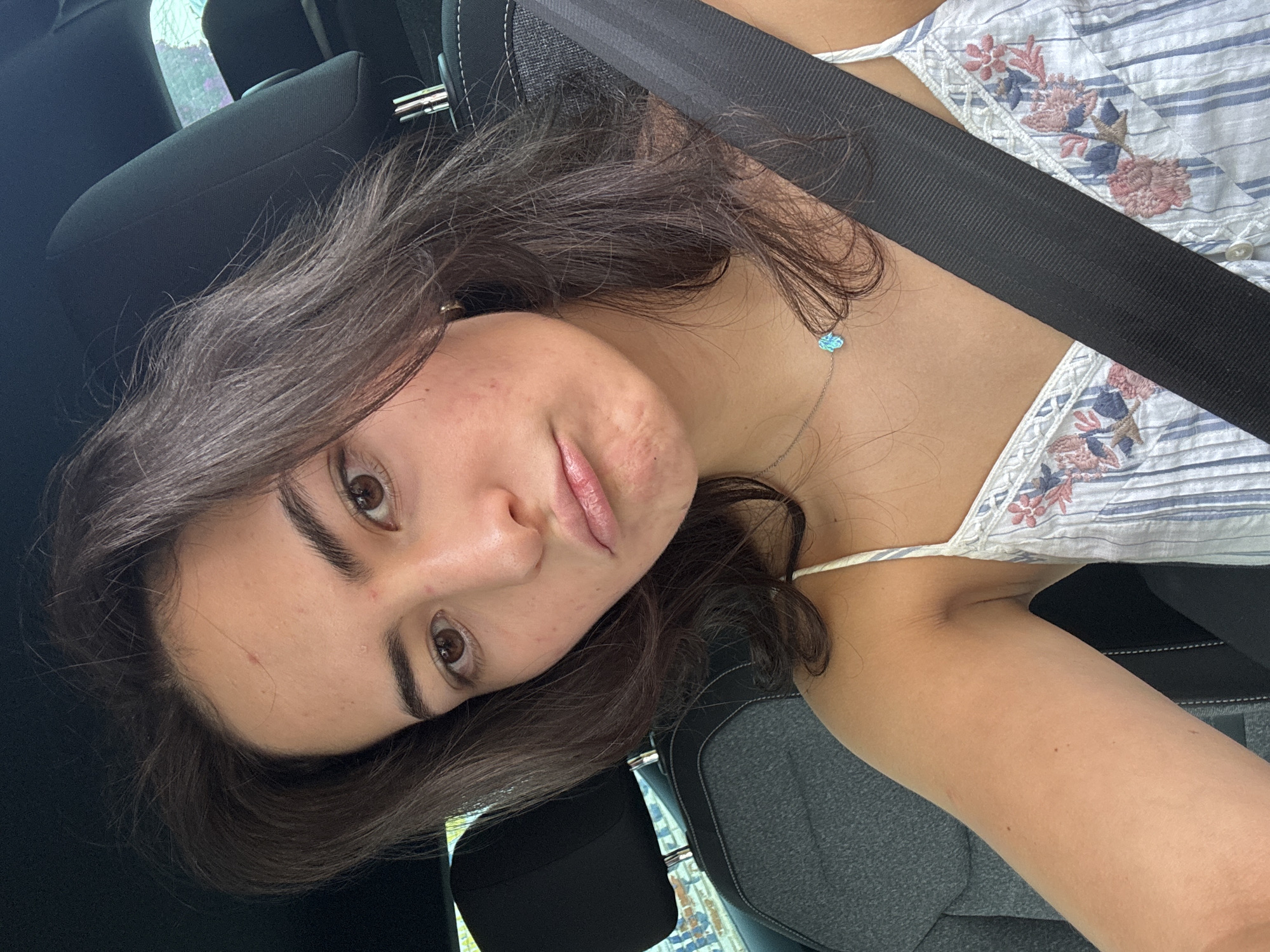 A young woman with dark brown hair is shown in a selfie-style image, likely taken inside a car. She is wearing a light-colored, striped top with floral embroidery and a seatbelt. The background features the car's interior, including the seats and a window. The location in the city of Puebla, Mexico, is not discernible from the image.