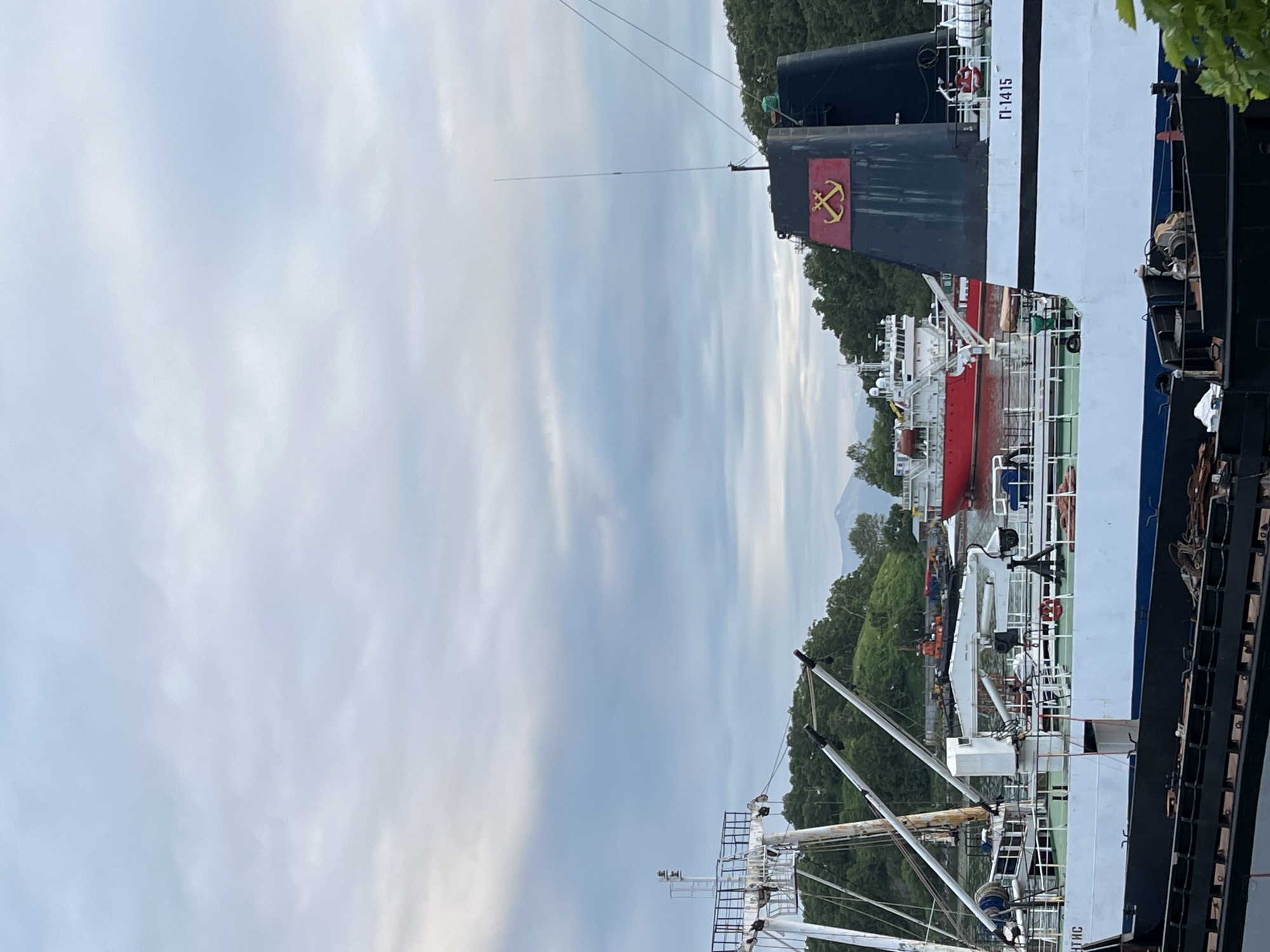 The image shows a view of the port of Petropavlovsk-Kamchatsky, Russia. Several ships are docked in the harbor. In the foreground, the stern of a large white ship is visible, with a black funnel adorned with a red emblem featuring two gold anchors. The funnel has the designation "П1-1415" printed on its side. To the left, part of another ship with cranes and a mast is visible. In the middle ground, a red ship is docked, and other smaller vessels and buoys can be seen. The background is dominated by green, tree-covered hills, and in the far distance, mountains are faintly visible through a cloudy sky. The overall scene depicts a working port under an overcast sky.